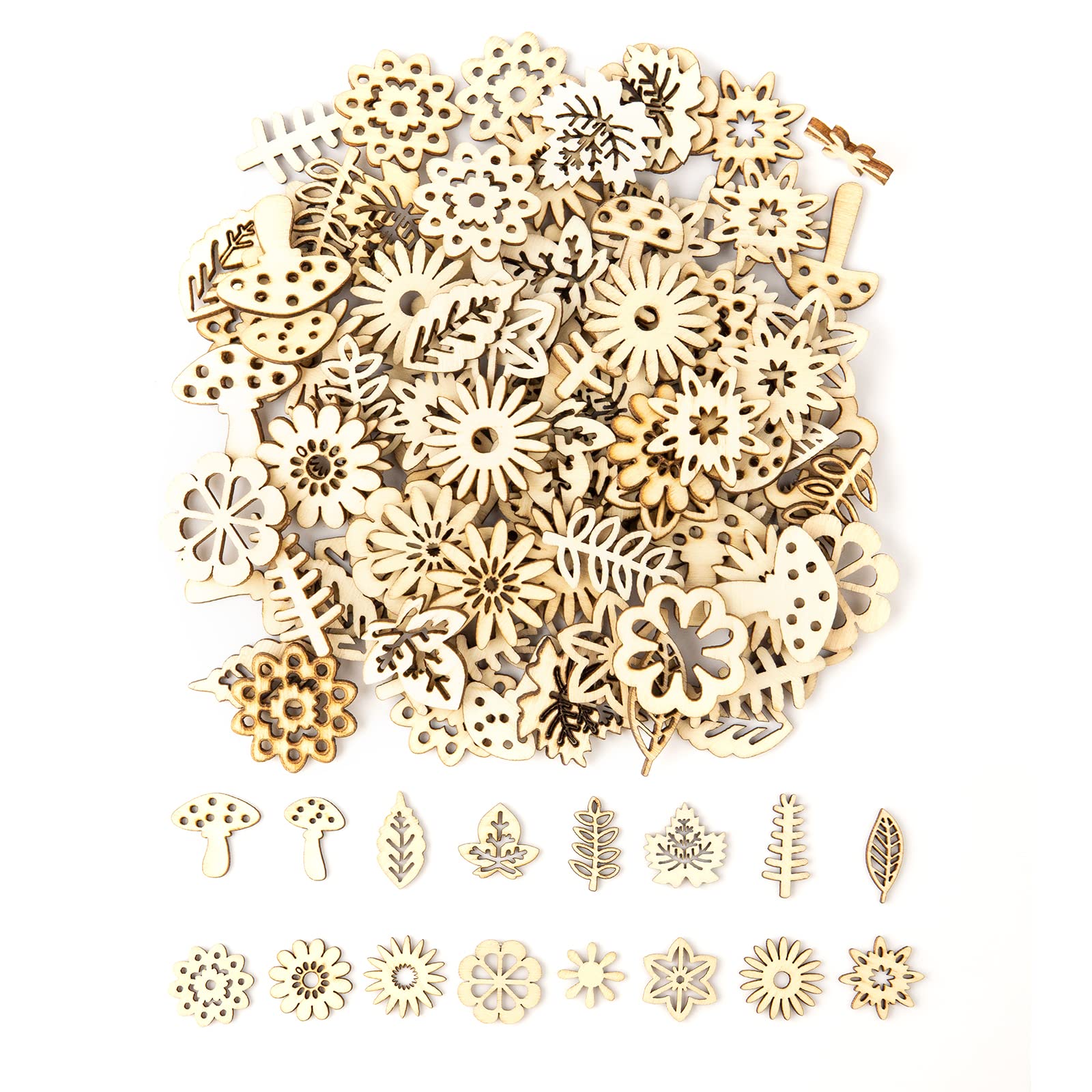 FRUHLING 100 Piezas Mixta Flores y Hojas de Madera Adornos Forma Madera Rodajas de Madera Natural Discos Madera Huecos para Albumes Recortes Manualidades Decoraciones Bodas y Fiestas