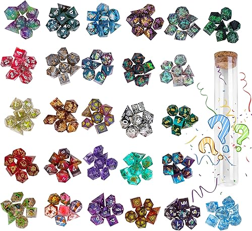 Miniatura 7 de CRITALLIC Dados DND de bordes afilados, 7 dados poliédricos de galaxia con inclusiones de purpurina, dados D&D hechos a mano para juegos de mesa de