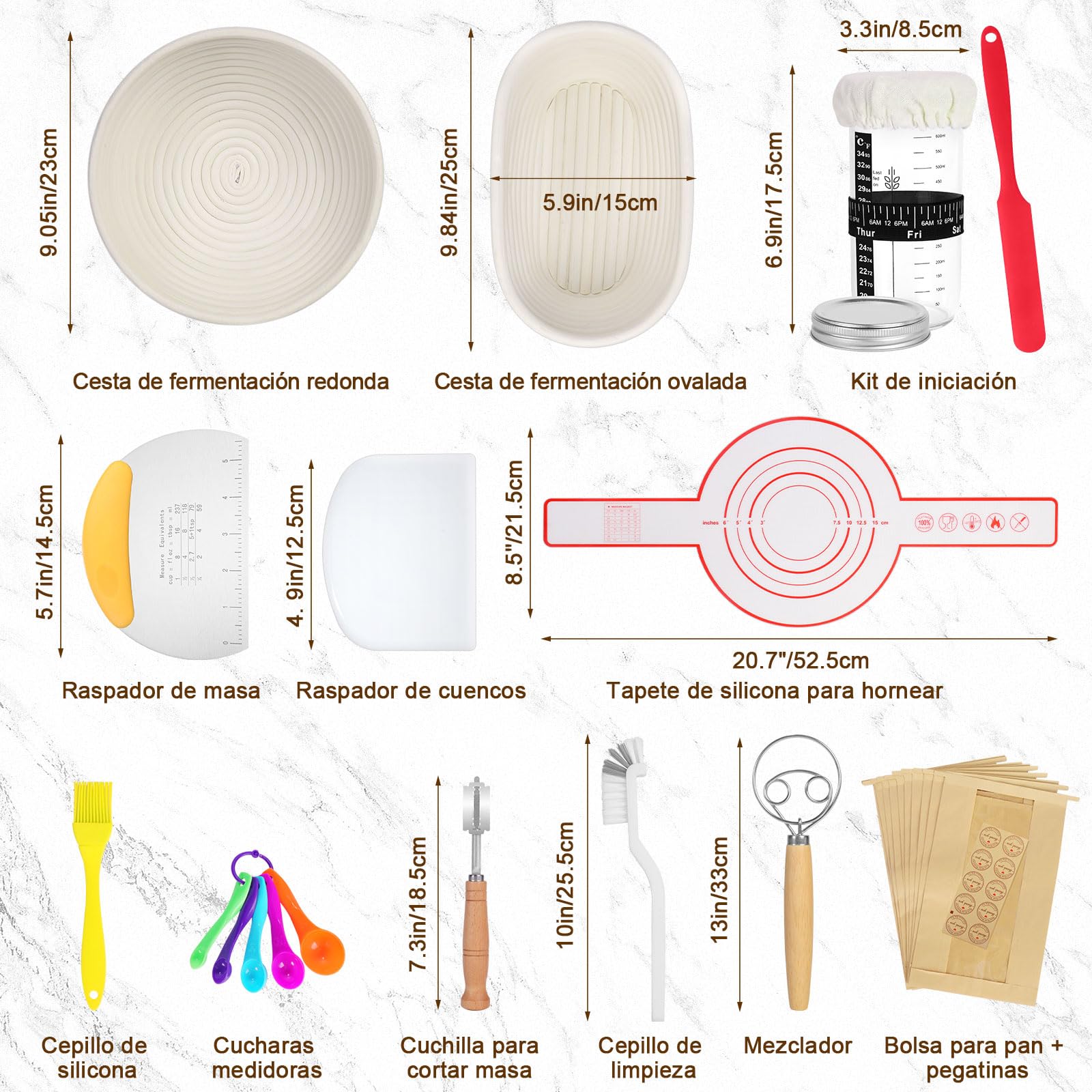 SHANNA Banetones Para Pan, 15 Piezas Kit Completo de Panadero, Cesta Fermentacion Pan de Redondas y Ovaladas, Kit Masa Madre Adecuado Para Principiantes y Panaderos (15PCS)