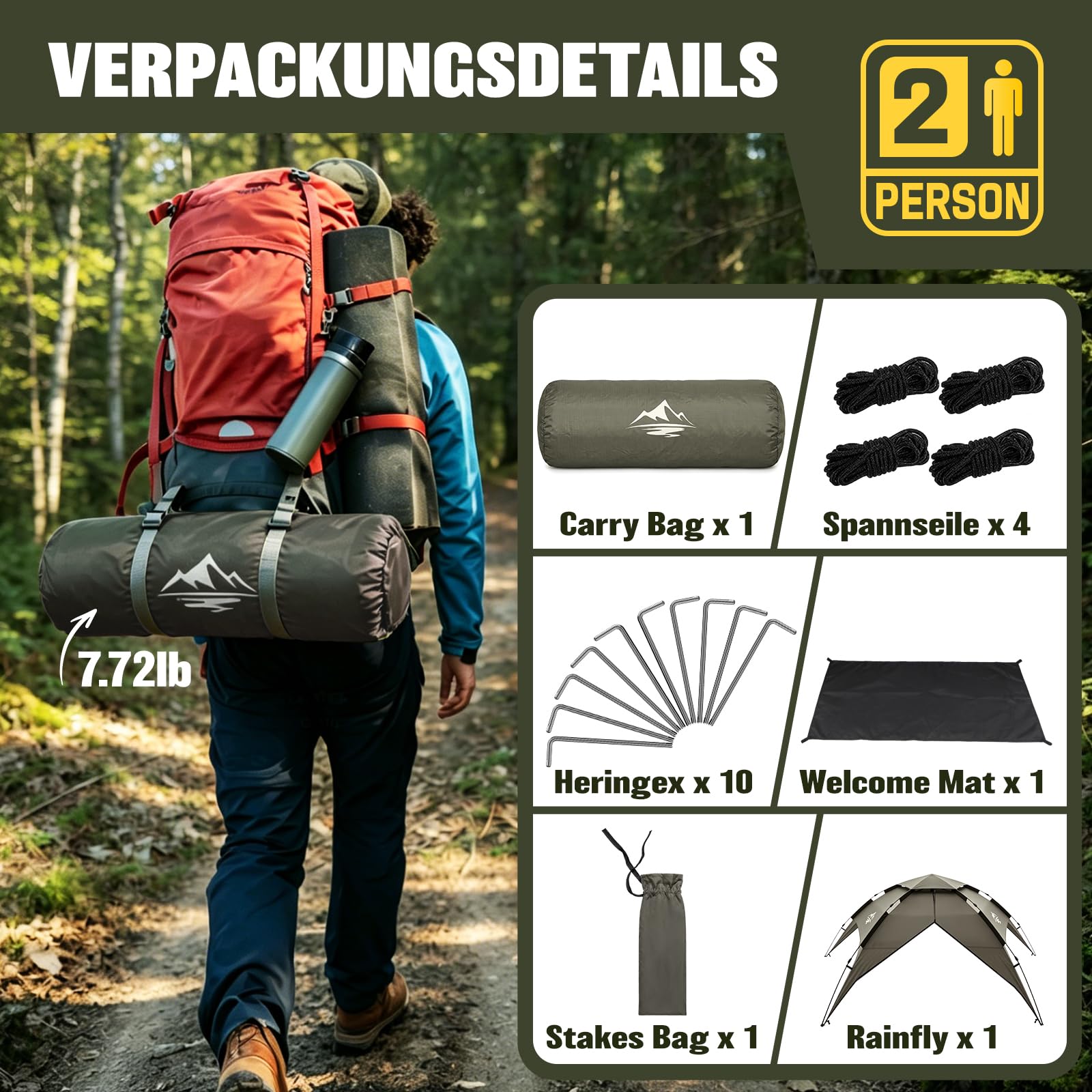 Zelt 2/3/4 Personen Campingzelt Pop Up - 40s Automatik Schnellaufbau, 2-4 Mann Zelte Wasserdicht 3000mm & Winddicht, Doppelwand Kuppelzelt mit Regenschutz, Wurfzelt für Camping