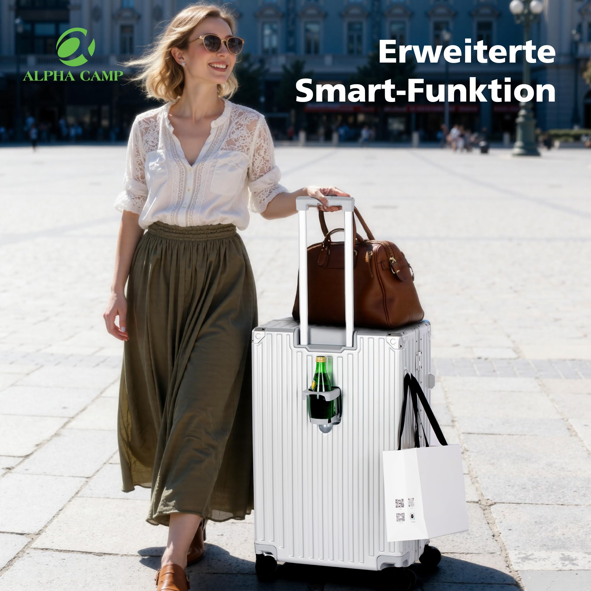 ALPHA CAMP Kofferset M L XL Reisekoffer TSA Schloss Groß 3tlg mit Rollen | Hartschalenkoffer Polycarbonat Suitcase Aluminium Rahmen Koffer Set Handgepäck Silber Mittelgroß Rollkoffer Flugreisen