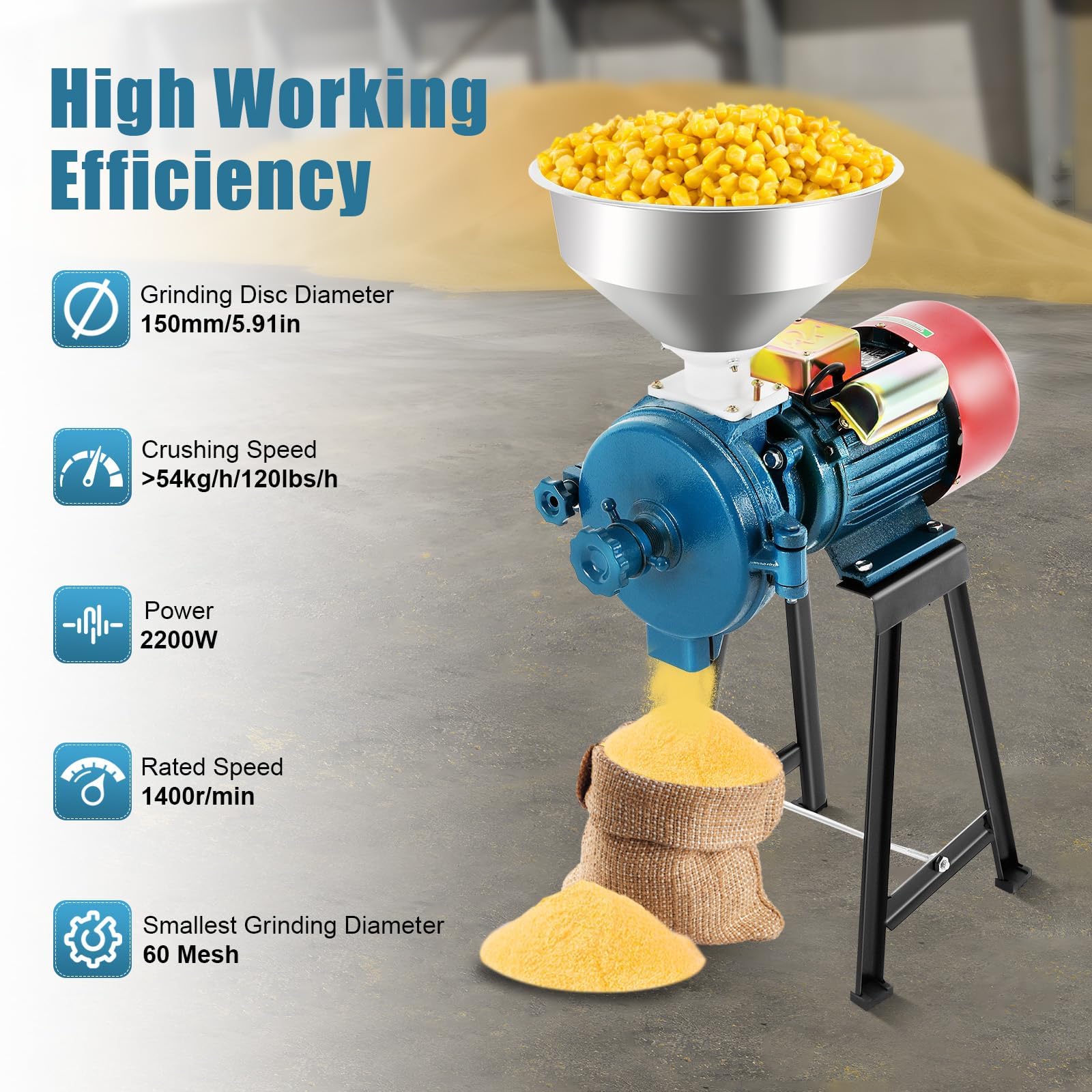 Elektrische Getreidemühle, 2200 W, für Körner, Mais, Stroh, Lebensmittel, 54 kg/h | Elektrischer Grinder, Getreidemühle, hohe Leistung, Trichter aus Stahl, 1400 U/min