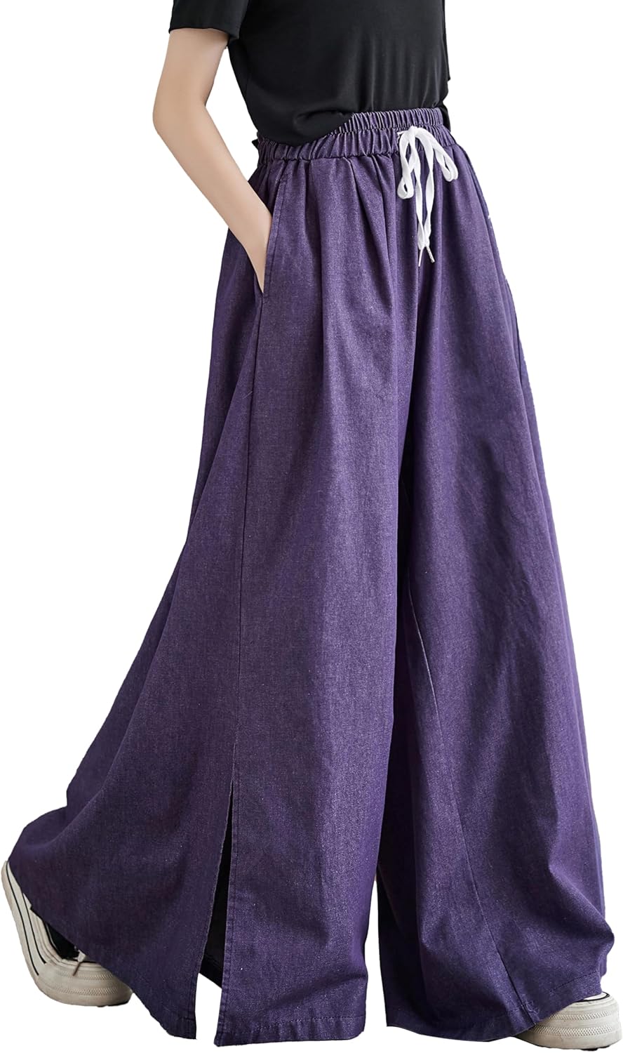 LAI MENG FIVE CATS Women's Casual Elastic Waisted Drawstring Trendy Side Slit Wide Leg Pants with Pockets