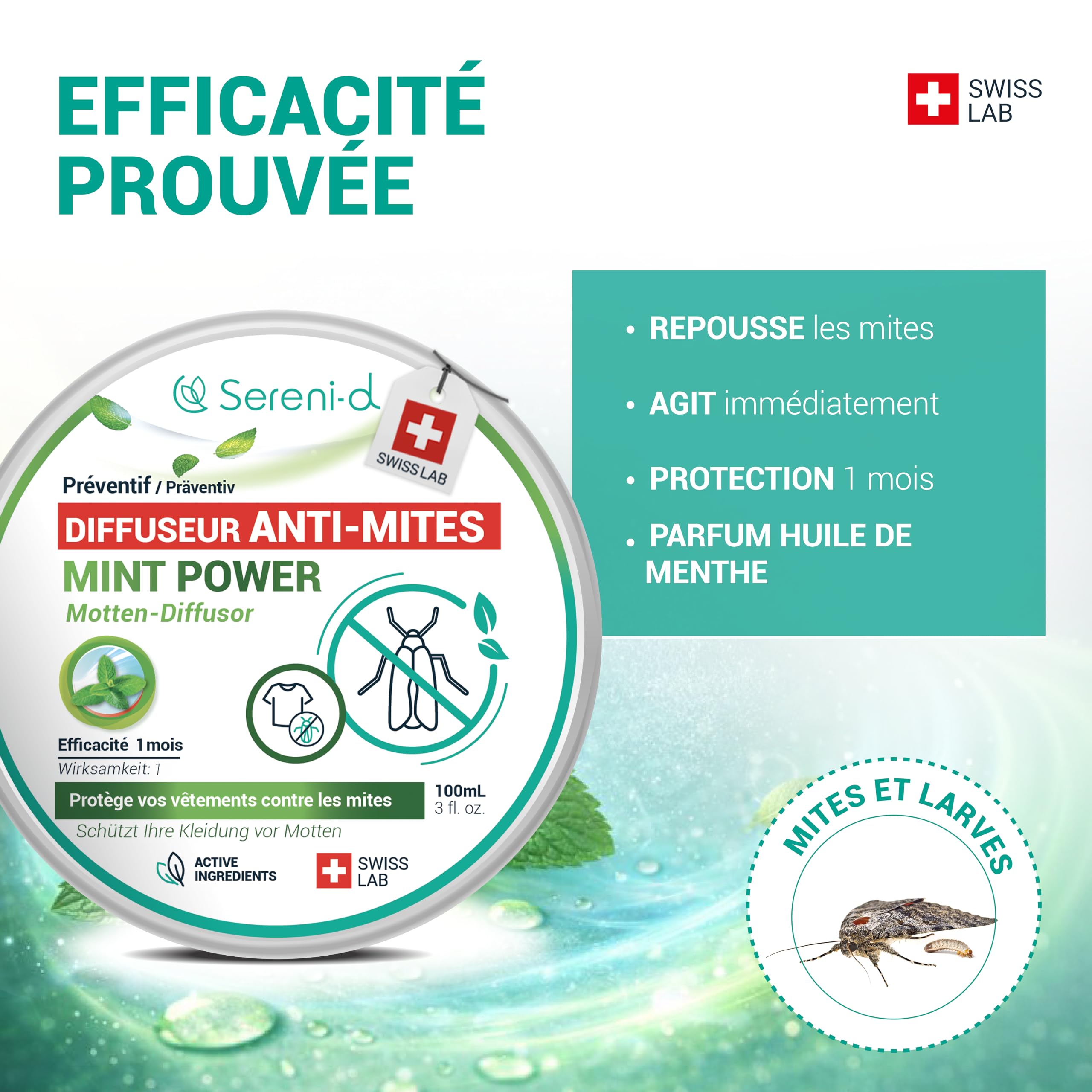 SERENI-D Diffuseur ANTI-MITES Textiles MINTPOWER - Protection répulsive des Vêtements, Lainages et Fourrures - Parfum Menthe - Action immédiate et protège les placards des nouvelles infestations