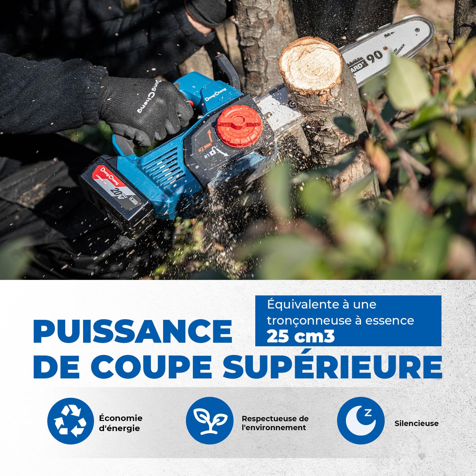 DongCheng tronçonneuse a batterie 20V, moteur sans balai, 12 m/s, guide OREGON 30cm, 2x4,0Ah. Tendeur sans outil, graissage auto. 2kg (sans batterie) – léger & silencieux. Jardin, bois, branches