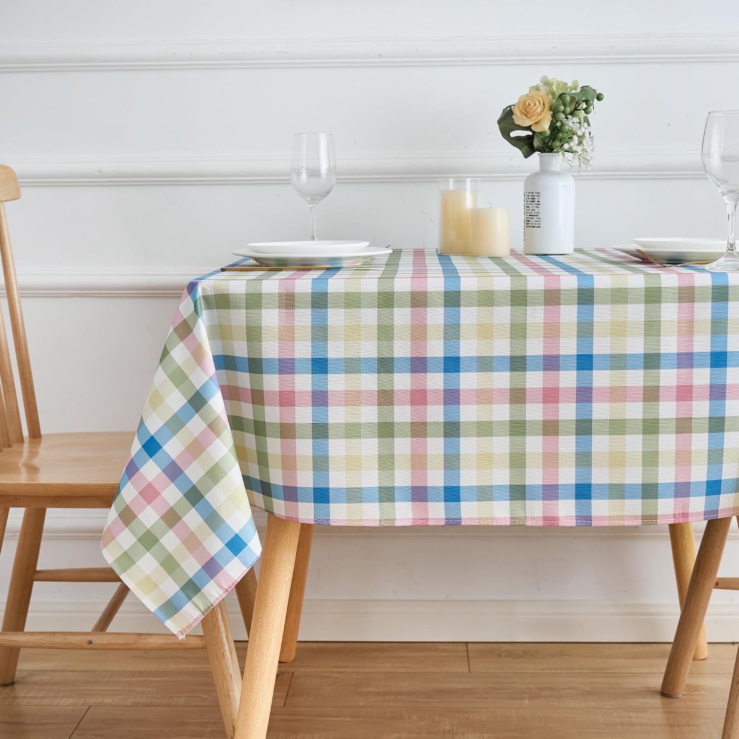 Easter 60x60 Square Tablecloth Spring Pink Green Blue White Pastel Checkered Rustic Table Cloth -Polyester Gingham Table Cover Reusable Water Resistant for Summer Holiday Party Picnic Décor image 2