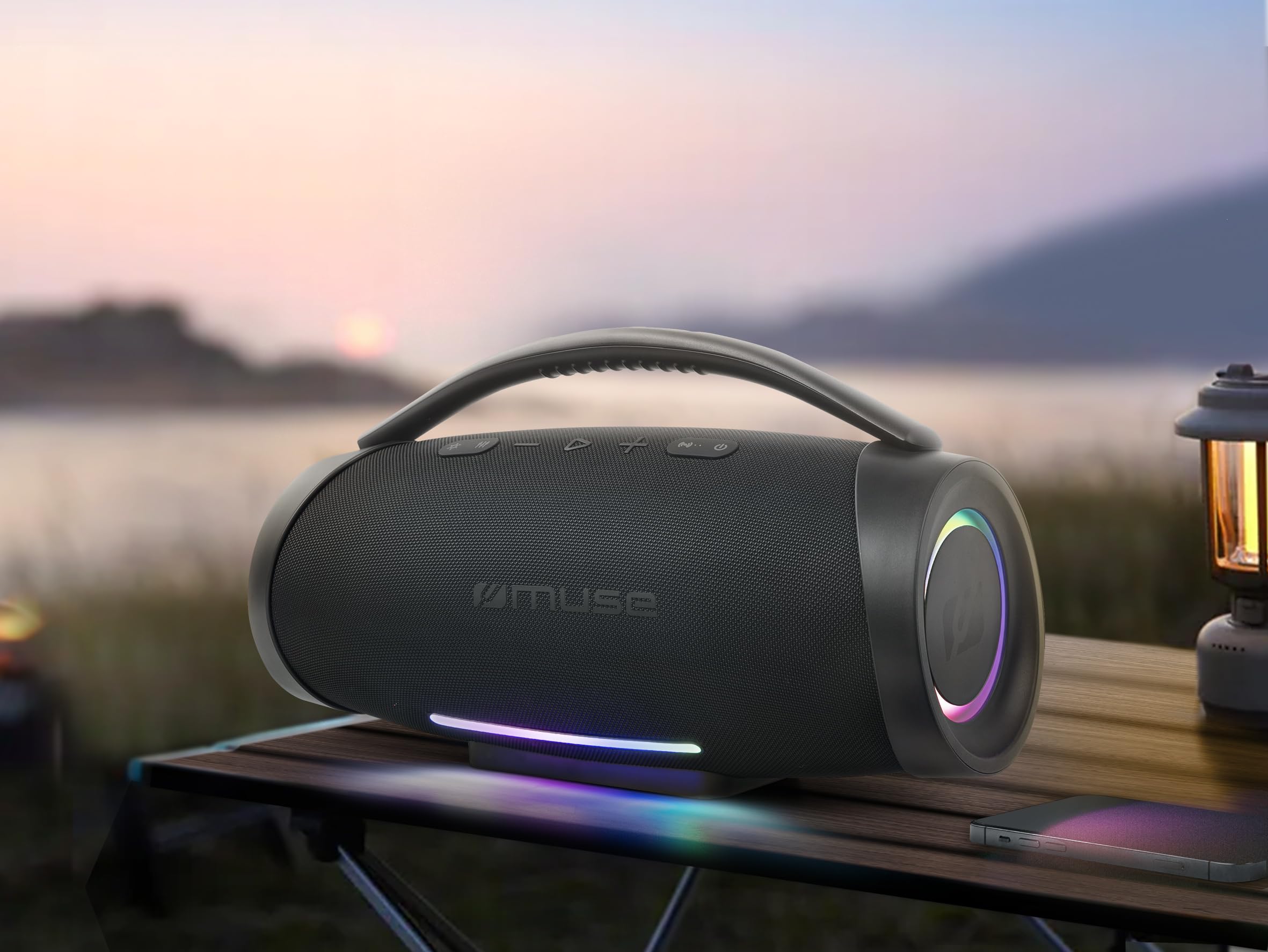 Muse M970BT. Altavoz Bluetooth Resistente a Las Salpicaduras con Luces incorporadas.300 W de Potencia. Manos Libres. Concector de Carga USB-C. Puerto USB de Carga y repodrucción.