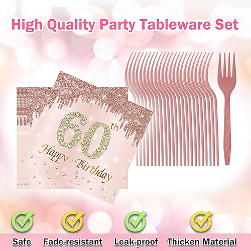 Miniatura 4 de Decoraciones de cumpleaños 60 para mujer, 96 platos y servilletas de decoración de cumpleaños 60, platos de oro rosa, suministros de fiesta,