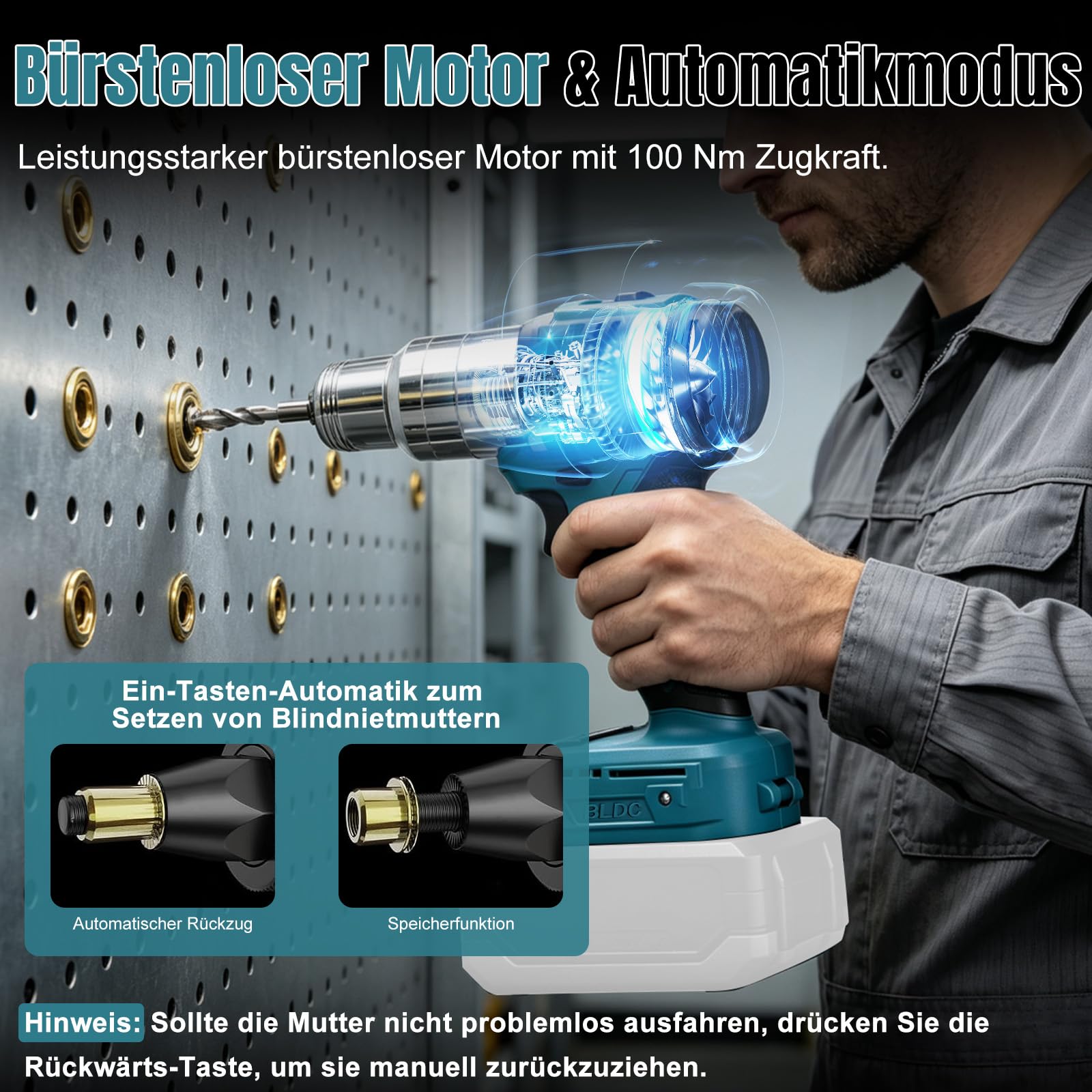 Elektryczny nitownik kompatybilny z akumulatorem Makita 18 V, silnik bezszczotkowy, siła ciągnąca 100 Nm, 600-2000 obr./min, do nakrętek M3-M10, 6 nitów i 30 drążków