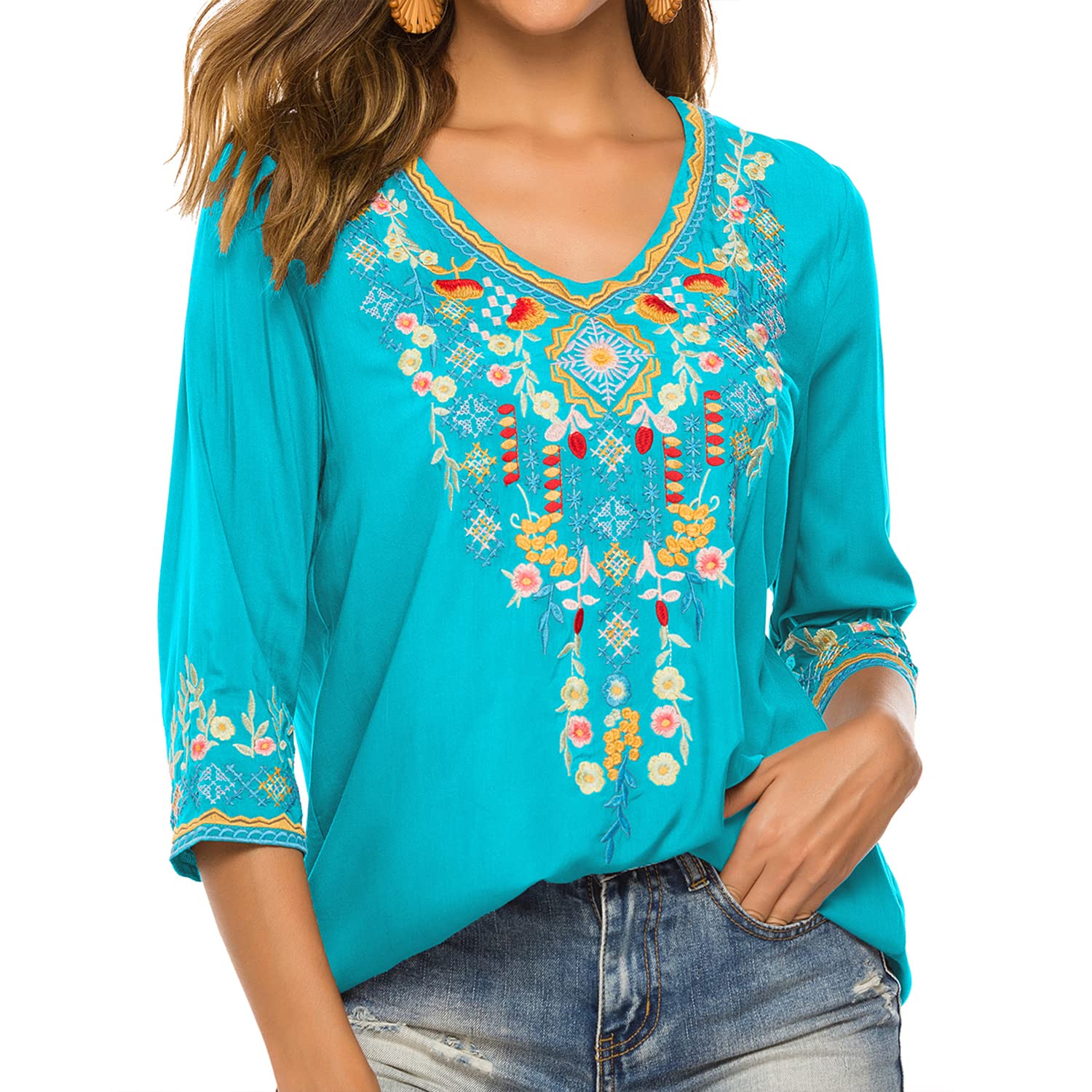 Hippie Kleidung Damen Bohemian Folklore Stickerei Bluse 3/4 äRmel V Ausschnitt Tunika Sommer LäSsige Oberteil
