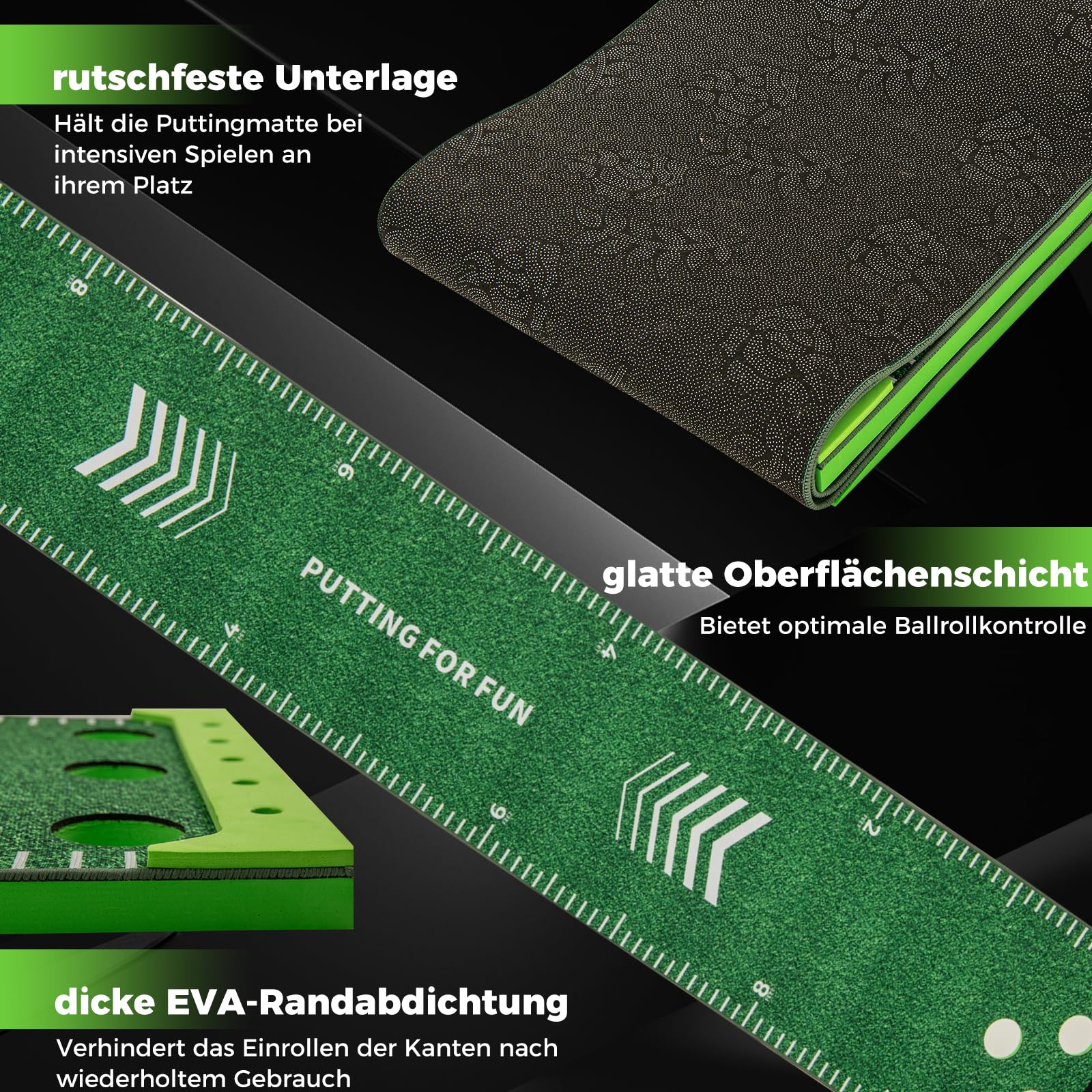 GYMAX Golf Puttingmatte, tragbare Golfmatte mit 2 Verstellbaren Schlägern, 6 Bällen & Tragetasche, Golf Abschlagmatte für Büro, Zuhause, Garten