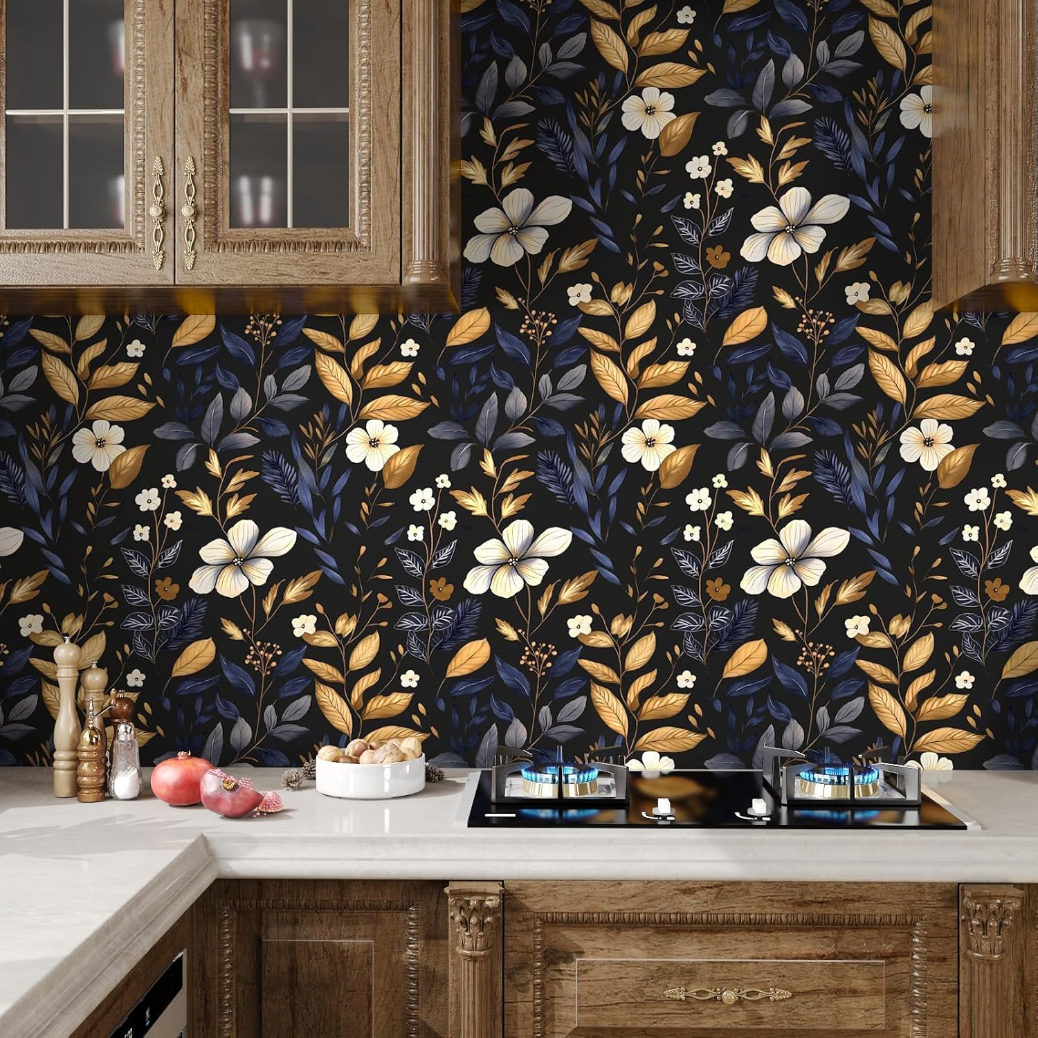 Laatse Blue/Gold Leaf Wallpaper Peel and Stick Vintage Dark Floral Wallpaper Waterproof Self Adhesive Removable Boho Wall Paper Modern for Bedroom Walls Drawer Cabinet 17.5in x393in