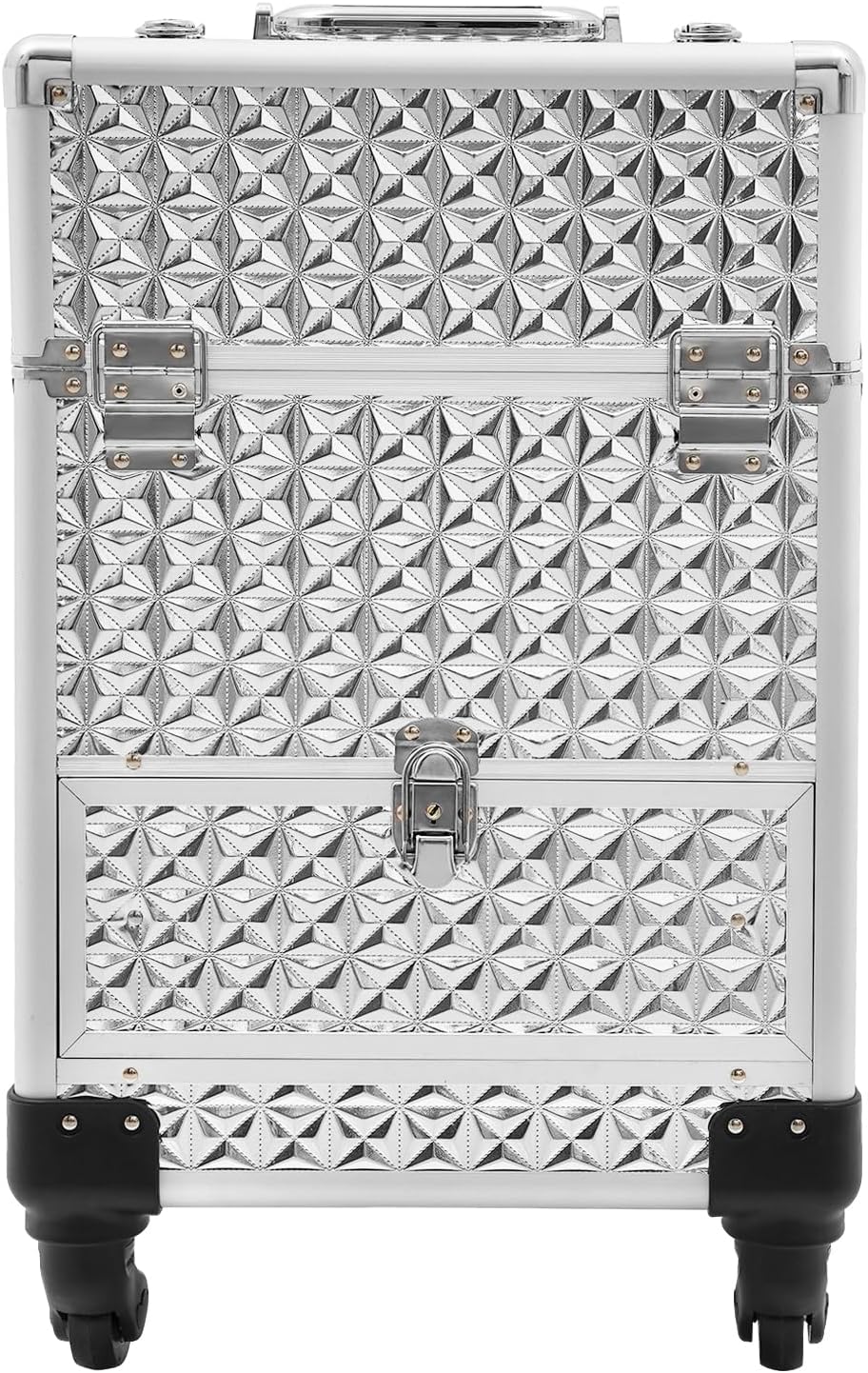 Rolling Makeup Train Case with Locks and Drawers, Professional Aluminum Cosmetic Trolley Cases with 4 Universal Wheels for Studio or Travelling Nail Technician Artists (Black)