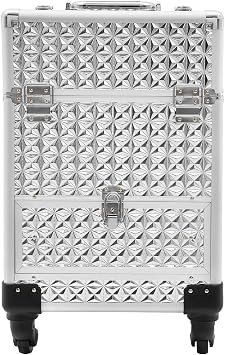 Aluminum Rolling Makeup Train Case, Large Storage Professional Cosmetic Trolley Makeup Travel Case with Drawer, Travel Cosmetic Organizer with Wheels for Nail Tech Hairstylist Barber, Silver