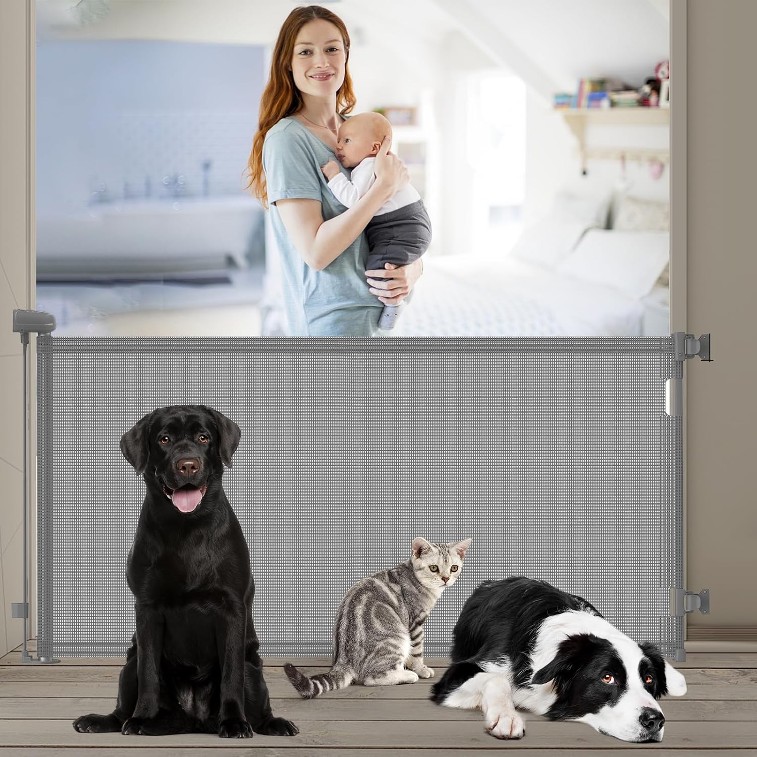 Retractable Stair Gate For Babies and Pets,Autolock Retractable Safety Gate,One Handed Operation