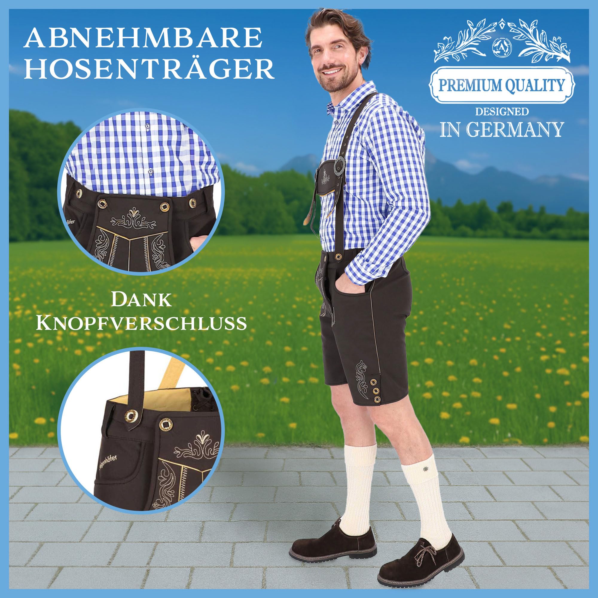 Steigenhöfer Manufaktur Kurze Trachten Softshell Hose mit Träger im Lederhosen Look - Lukas - Lederhose Herren Tracht - Wasser- und windabweisend mit Trägern für Oktoberfest