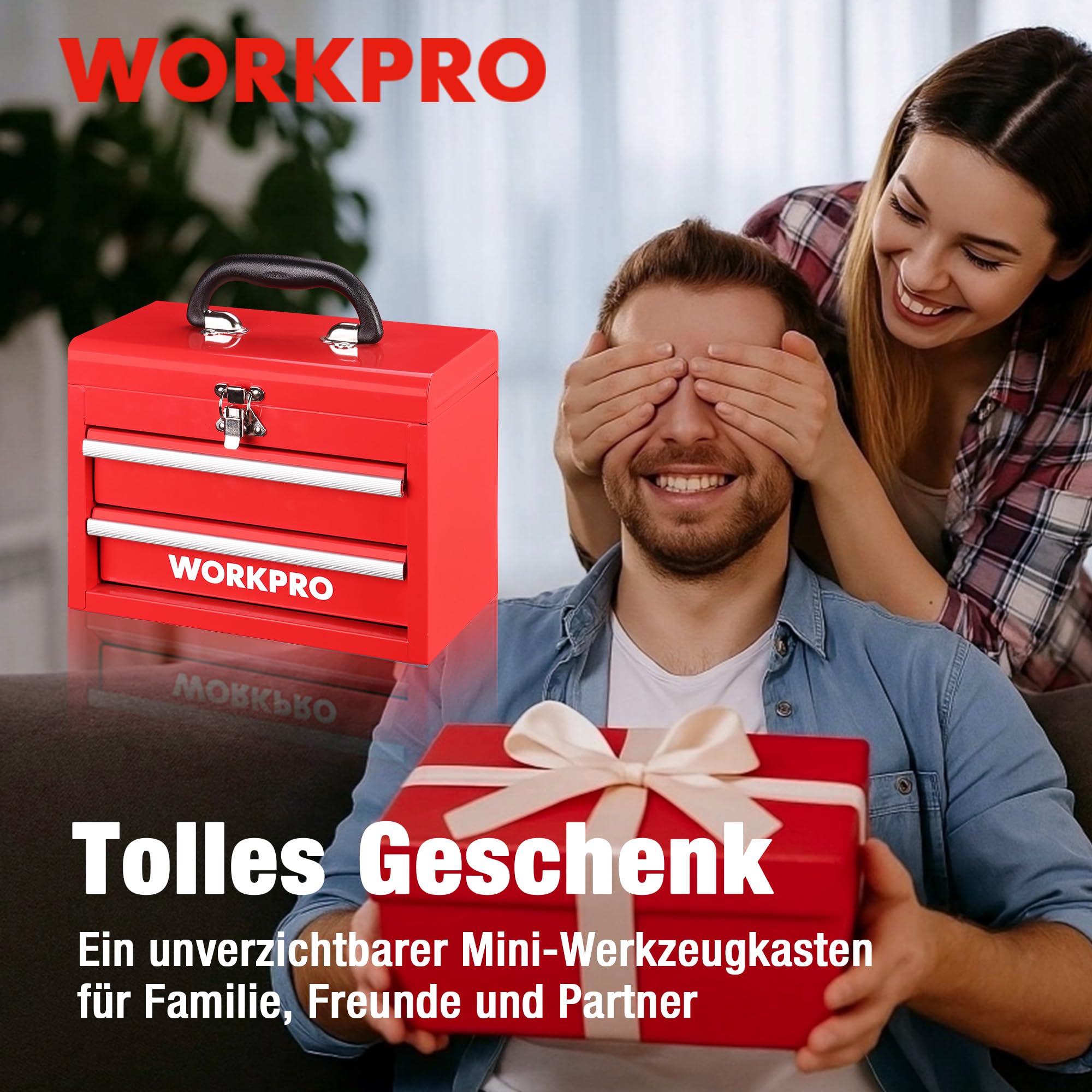WORKPRO Metall Schubladenbox 2 Schubladen, Rot, Tisch Organizer | Tragbarer Organizer mit Griff und oberem Stauraum, ideal für Büro, Schreibtisch und Werkzeugaufbewahrung