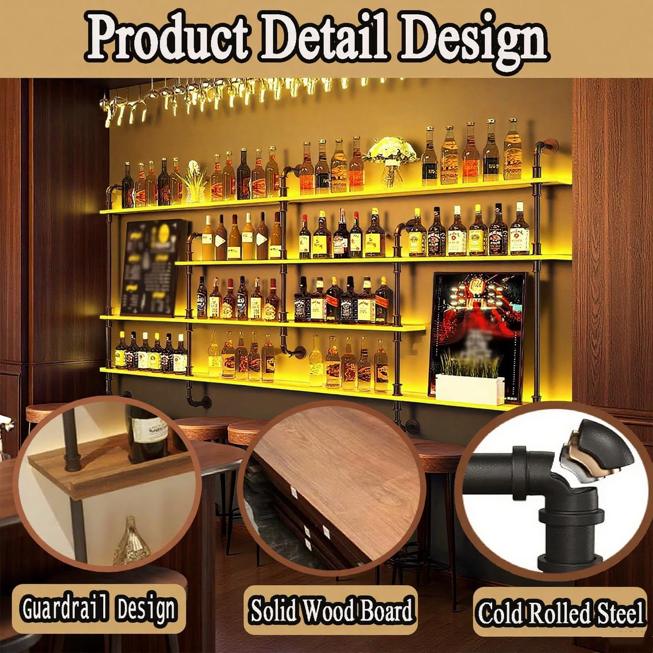 Estante de Vino montado en la Pared con luz, 4 Modernos estantes de Madera para Botellas de Licor, estantes flotantes, Organizador para Bar y Comedor (150×20×150CM Nuez)