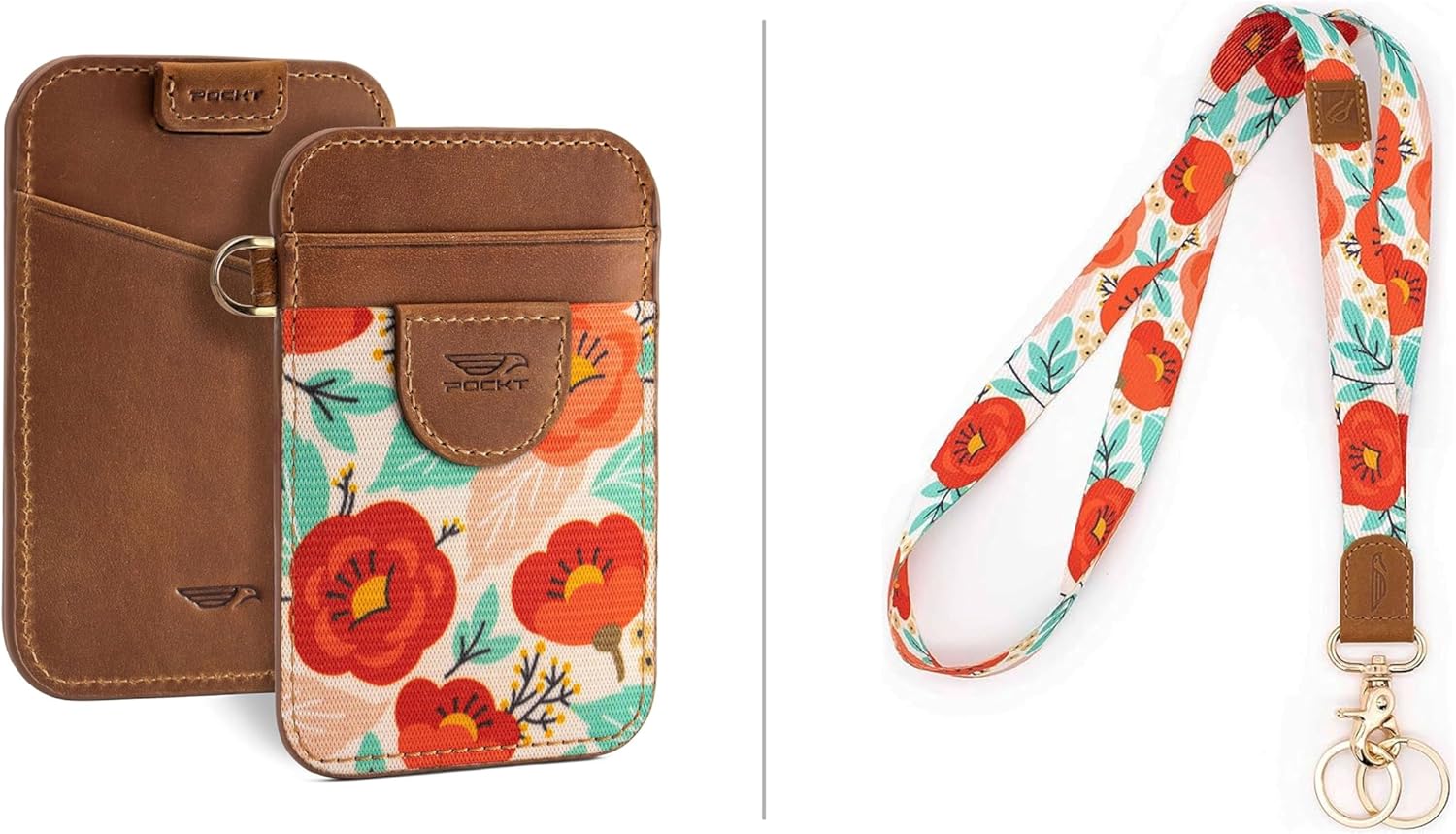 POCKT Slim Card Holder Wallet + Neck Lanyard for Keys Bundle for Women | Poppy