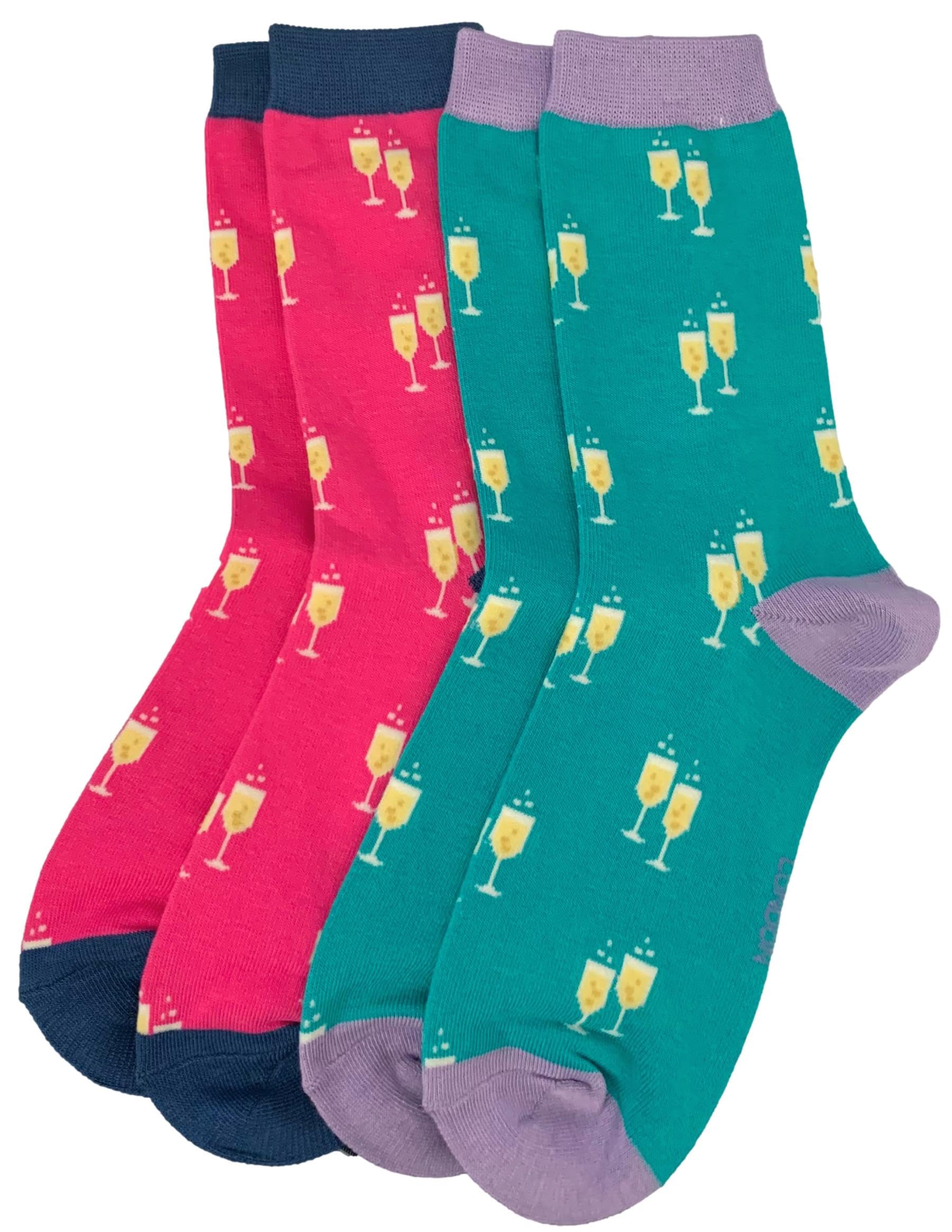 Purple Possum® Ladies Socks Prosecco Cheers 2 Pair Pack Champagne Wine Pink Green Novelty Bamboo Cotton (2 Pair Pack Pink and Green)