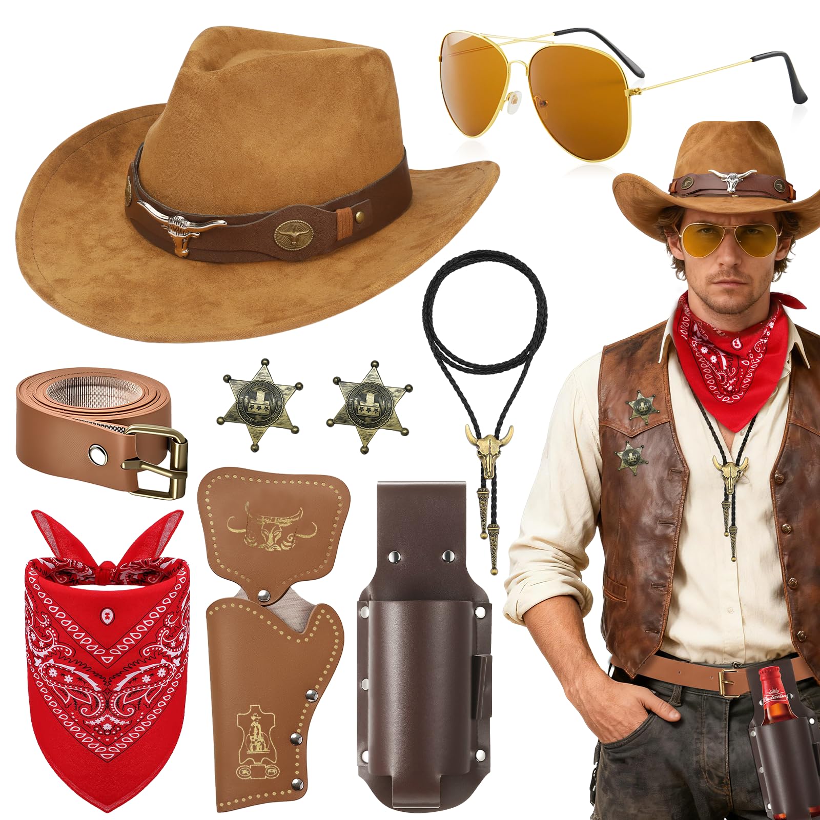 Kyndara 9Pcs Western Cowboy Accessory Set for Men, Wild Cowboy Outfit Kit with Hat Necklace Sunglasses Badges Belt Bandana Beer Holster for Adult Carnivals Cosplay Parties