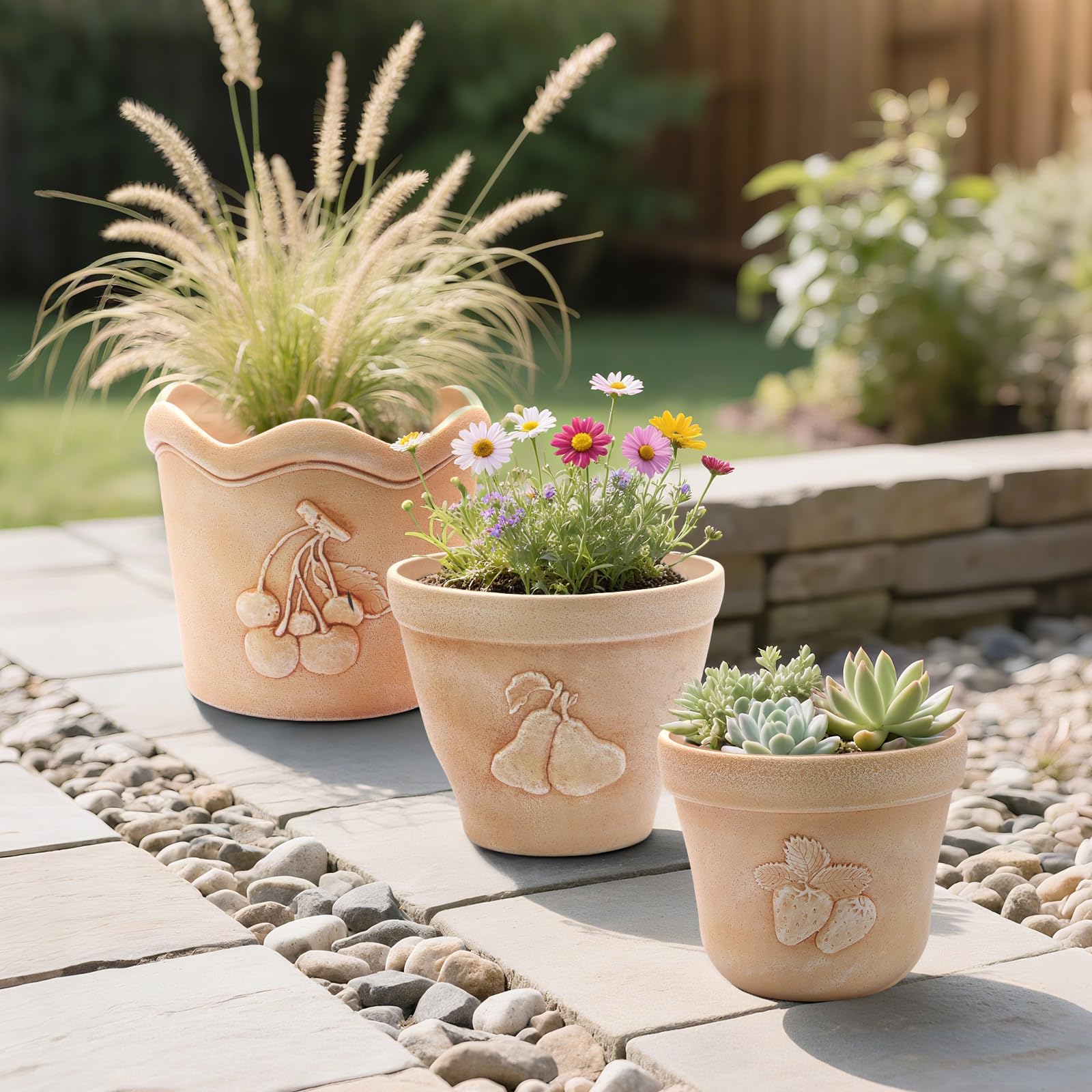 ZMTECH Lot de 3 pots de fleurs en plastique aspect béton avec trous de drainage pour intérieur et extérieur Rouge terre cuite 17,5/19/21 cm