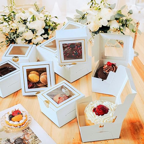 Miniatura 6 de Cajas de panadería blancas con ventana (30 unidades) de 4 x 4 x 2.5 pulgadas, pequeñas 4 pulgadas para tartas, galletas, macarrones, postres,