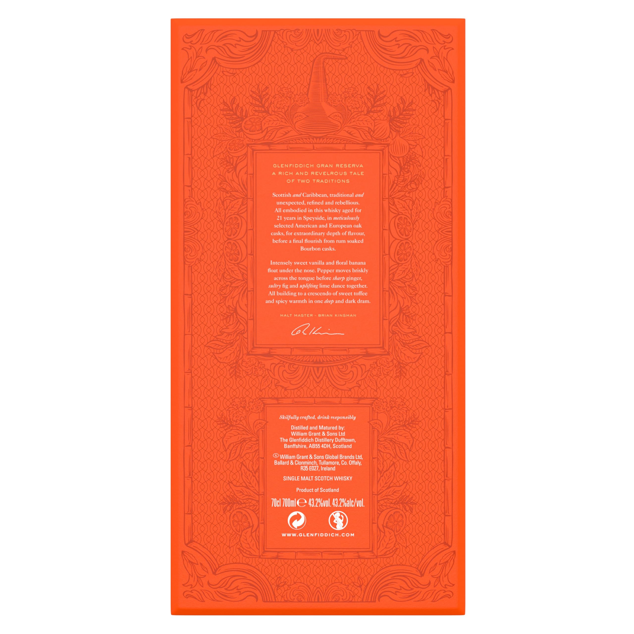 GLENFIDDICH 21 Jahre Single Malt Scotch Whisky - Gran Reserva - Vanille, süßes Karamell, Feige - Reifung im Reserva Rum-Fass - Small Batch - Product of Scotland – inkl. Geschenkbox - 40% vol. - 70 cl