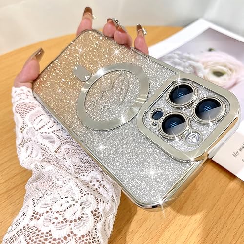 Vista 120 de Fiyart - Funda transparente magnética con purpurina para iPhone 12 para mujeres, con grabado "Love" metálico, protección para cámara y antigolpes