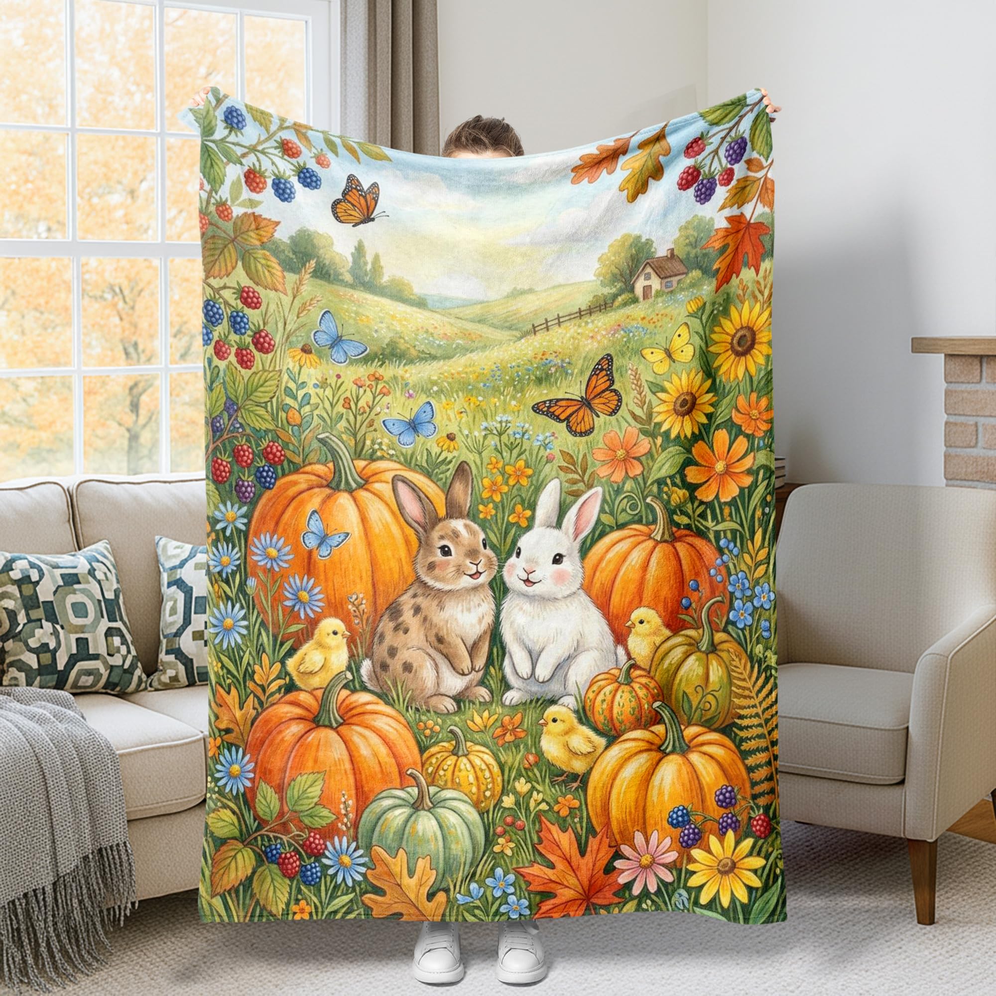 Couverture automne fourrure orange grand plaid citrouille pour lit et canapé