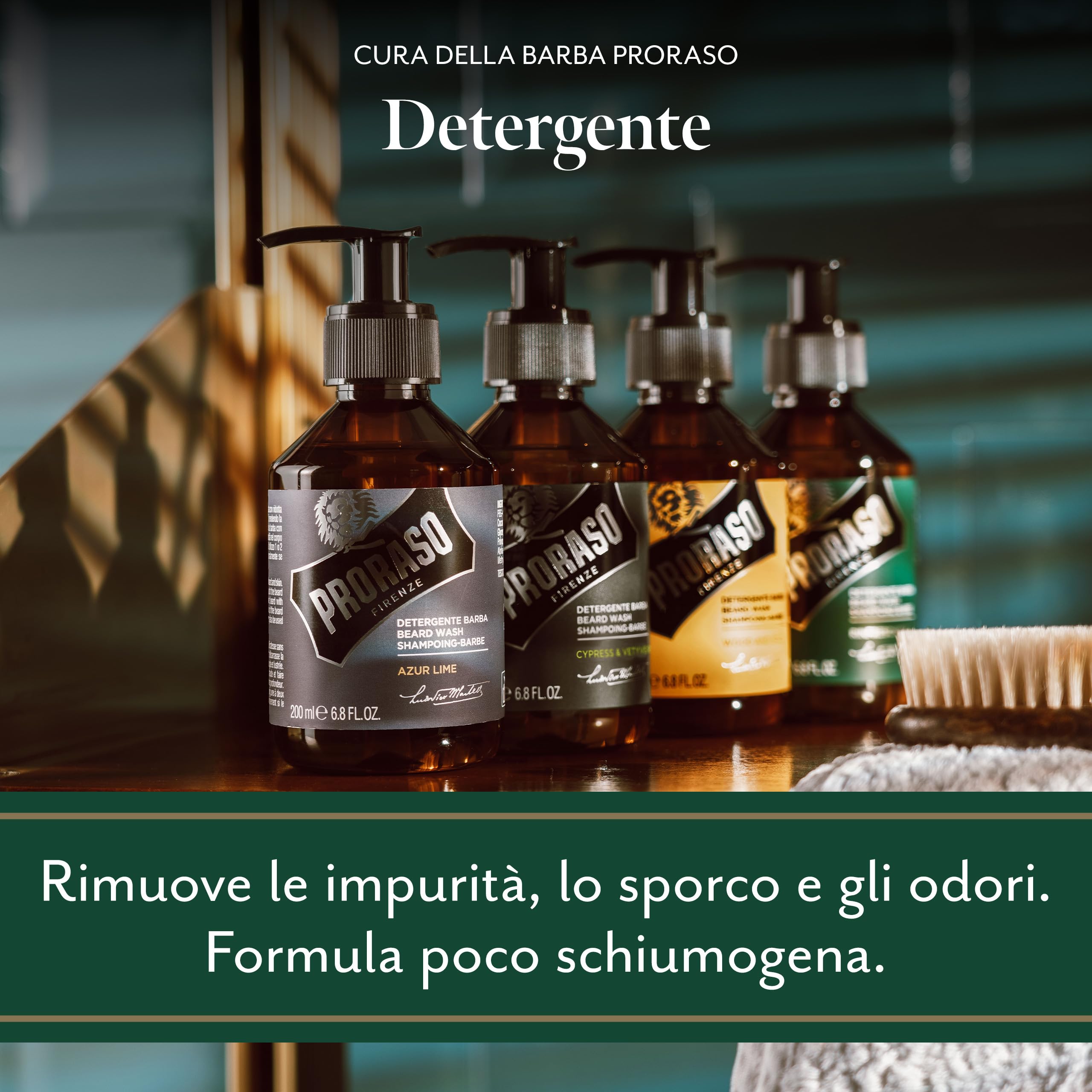 Proraso Detergente Barba Wood and Spice, 200ml, Shampoo barba detergente per uomo con azione purificante per la cura della barba, Made in Italy