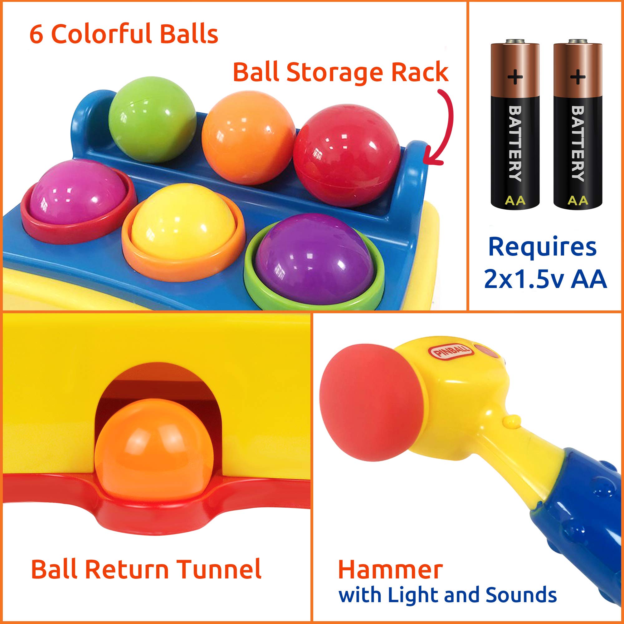 Pound a Ball Juego con martillo y 6 pelotas de bebé Juguete de bebé con luces divertidas y efectos de sonido – Horas de diversión y desarrollo de habilidades con el juego dispensador de pelotas Baby Ball Popper Game. Certificado por ASTM. 7