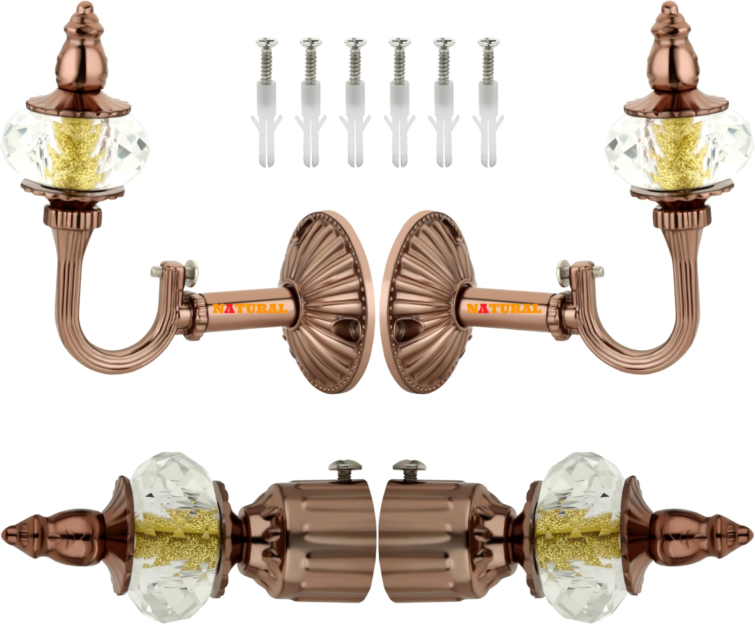 NATURAL Heavy Duty Aluminum Royal Luxury Design Curtain Bracket/Finial and Curtain Support with Screw/Wallplug for Window & Door Curtain Fittings Suitable Upto 1 Inch Pipe. (2 Set, Rose Gold)