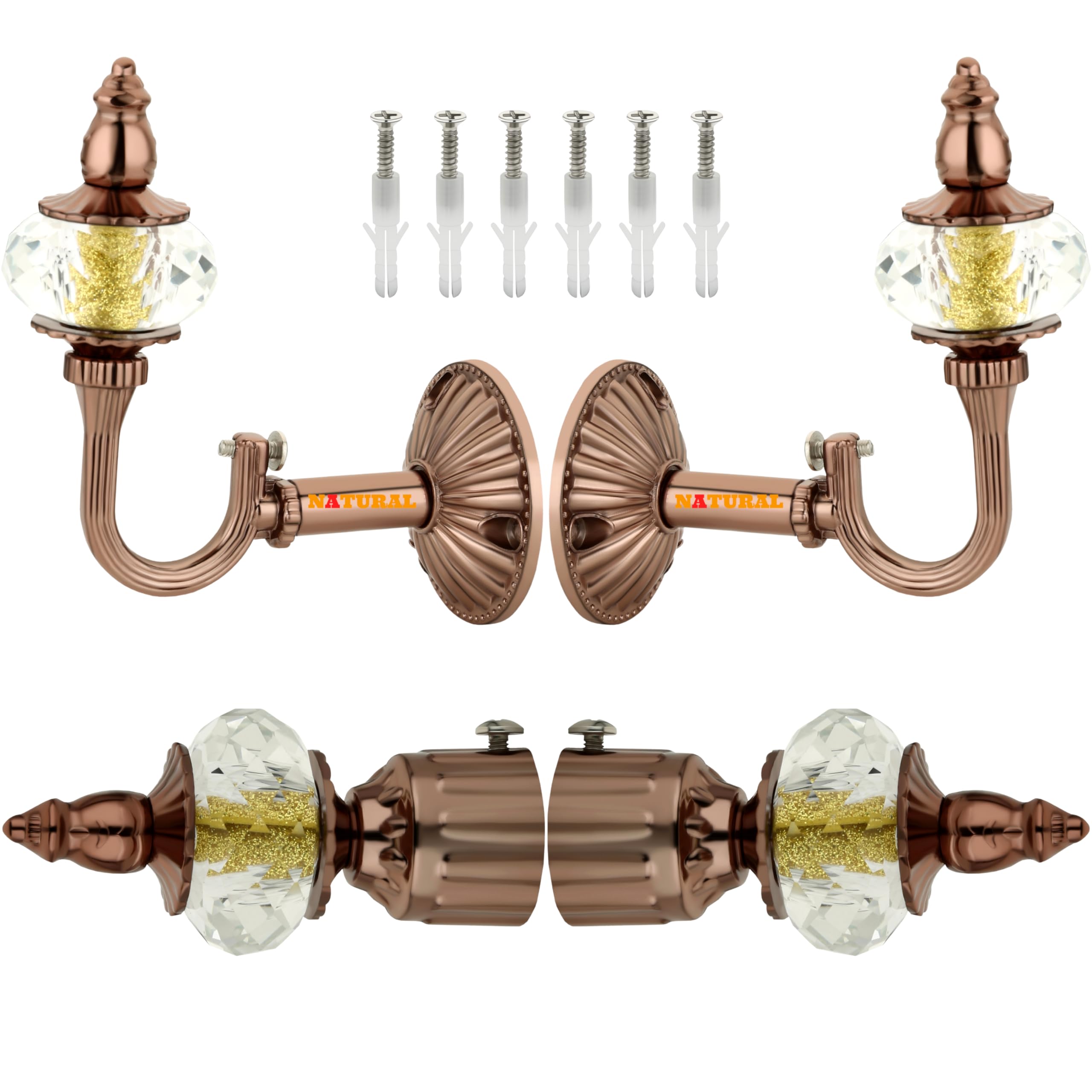 NATURAL Heavy Duty Aluminum Royal Luxury Design Curtain Bracket/Finial and Curtain Support with Screw/Wallplug for Window & Door Curtain Fittings Suitable Upto 1 Inch Pipe. (2 Set, Rose Gold)
