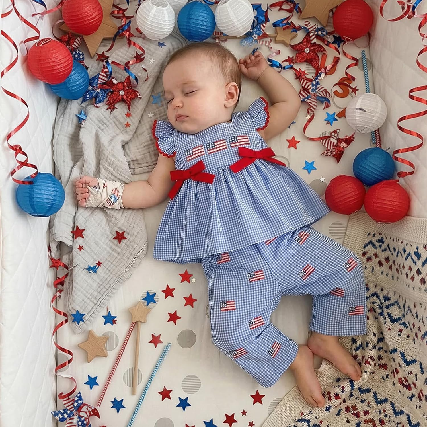 FIOMVA 4th of July Outfit Toddler Baby Girl USA Flag Stars Shirt Tunic Top Plaid Pants Set Memorial Day Patriotic Outfit