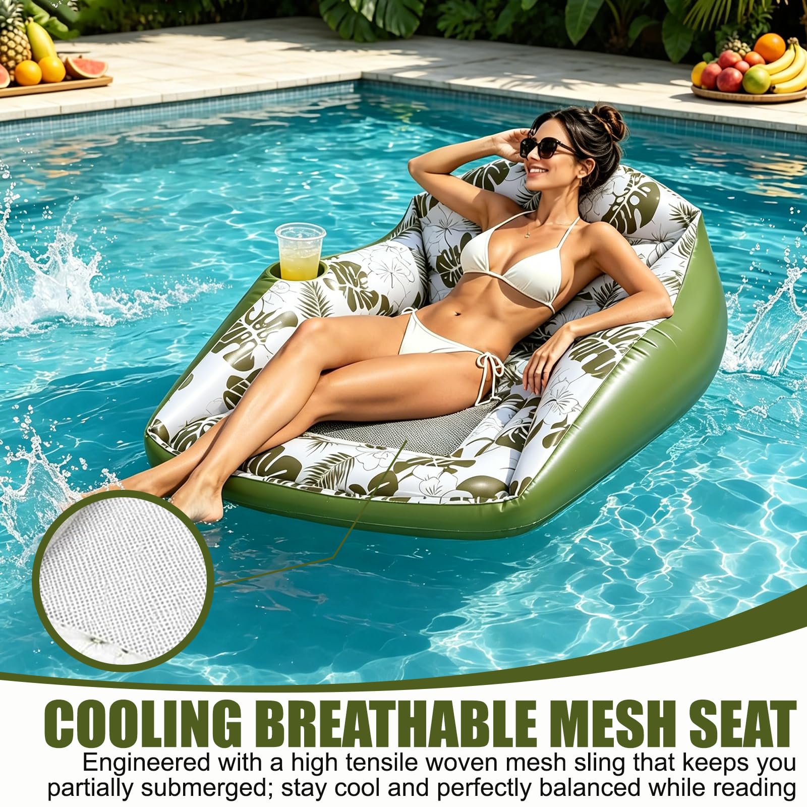 Aufblasbarer Pool Sessel, Wasserhängematte Aufblasbares, Wasserspielzeug Luftmatratze Wasser, Ergonomischer Pool Sitz mit Netzbezug & Getränkehalter,Pool Zubehör Spaß