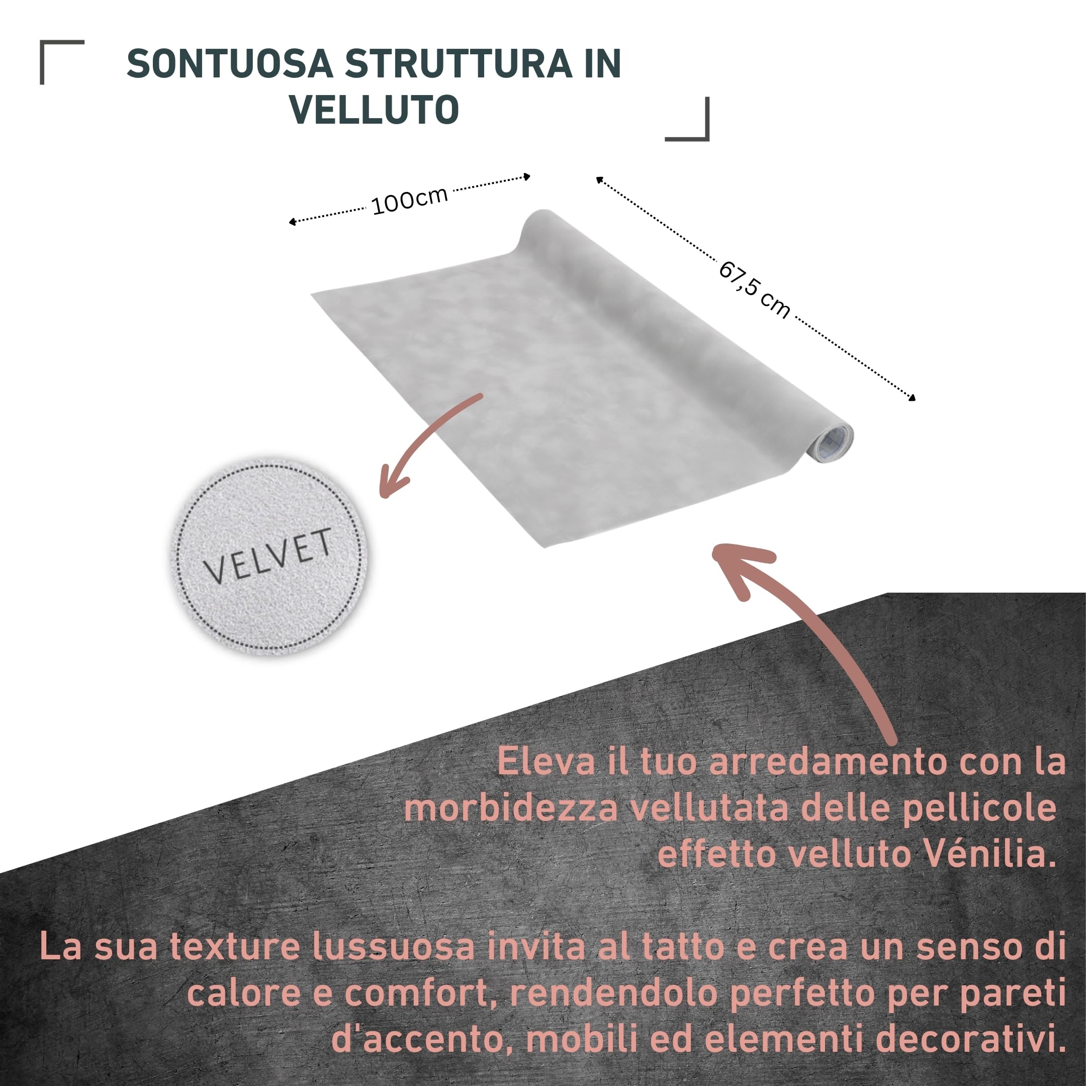 Venilia Pellicola adesiva, Velluto Ottica di velluto Grigio chiaro, 67,5cm x 1m, Spessore 140μ, Pellicola autoadesiva per mobili o cucina, carta da parati, PVC senza ftalati, Prodotto in UE