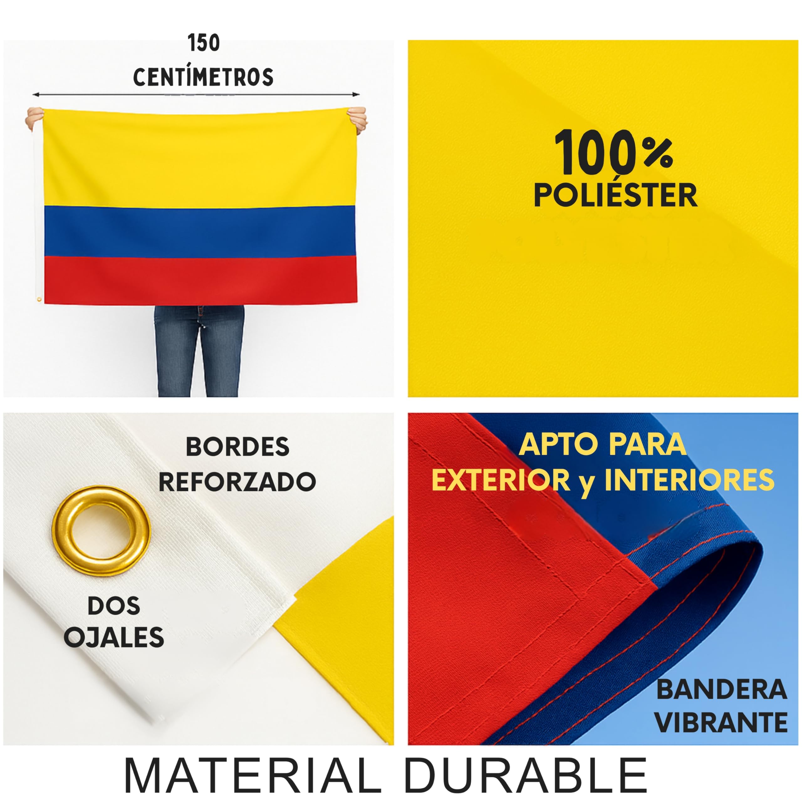 Bandera Colombia Grande 90 x 150 cm – Bandera de Colombia 100% poliester de 100 Denier o 90 g/m² perfecta para celebraciones y decoración – Rumbo al mundial 2026 la selección Colombia