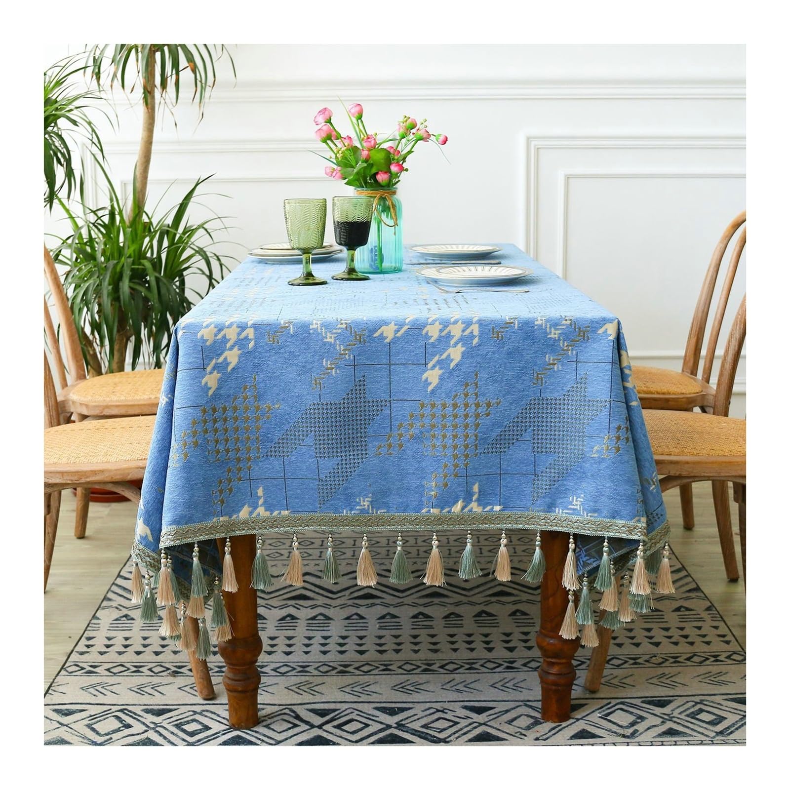 Nappe de table 140x240 cm carrée pied de poule blanc : le textile haut de gamme et résistant