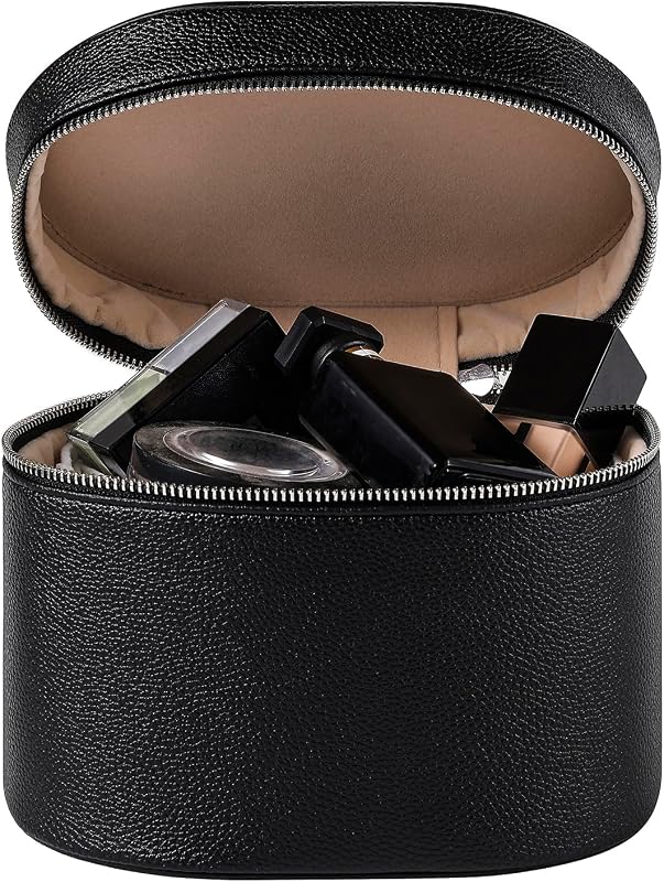 Necessaire de maquiagem RSRSLEII em couro PU impermeável, com divisórias removíveis, alça e zíper duplo, 03Black