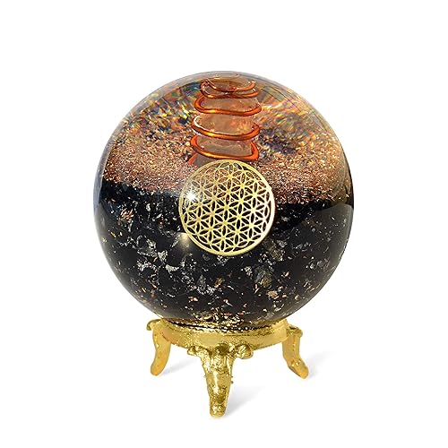 Orgonite Crystal Black Tourmaline Crystal Ball with Stand for Energy Purification and E-Energy Protection  Channels Positive Vibrations for Healing