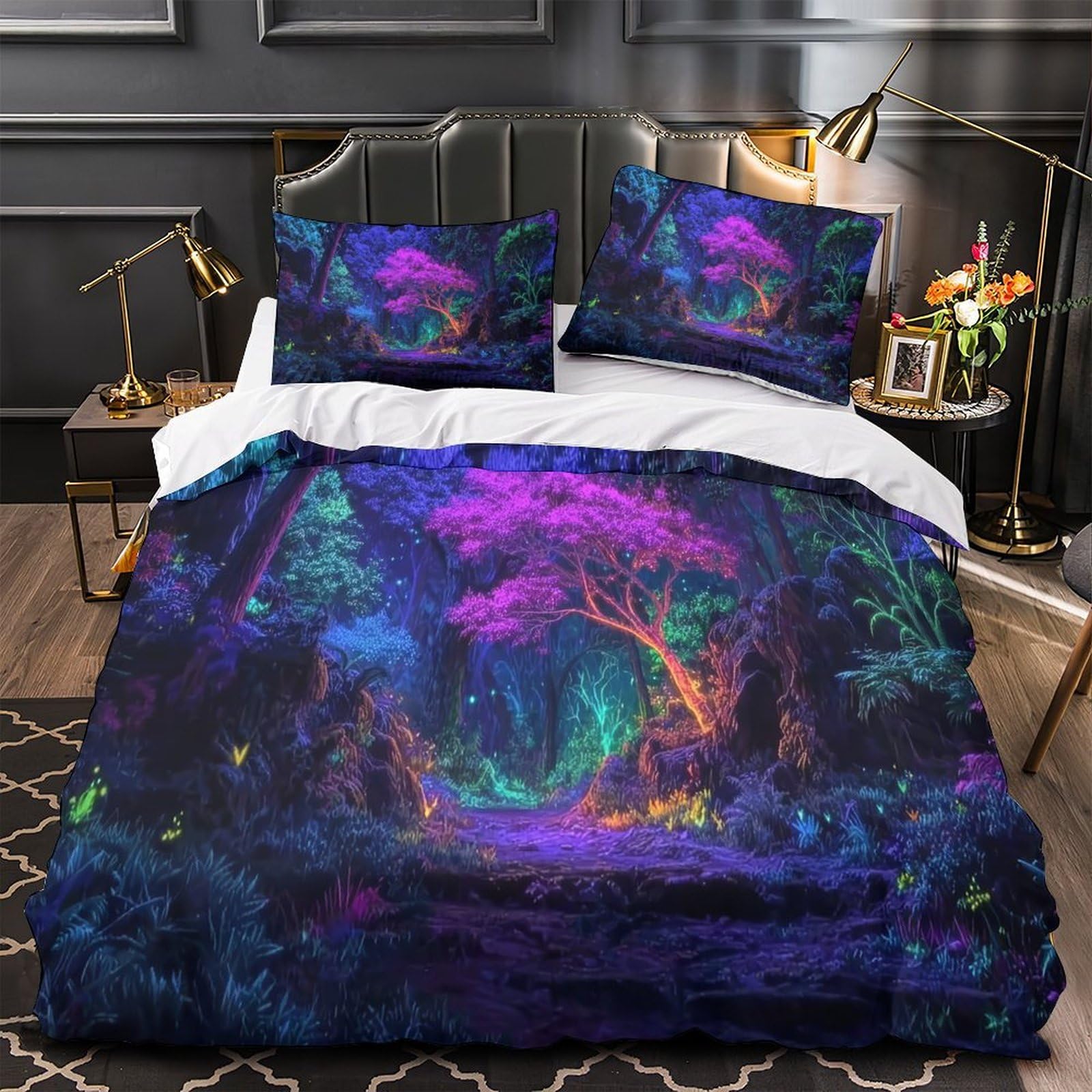 Housse de couette microfibre super douce forêt néon literie haute densité 140x200