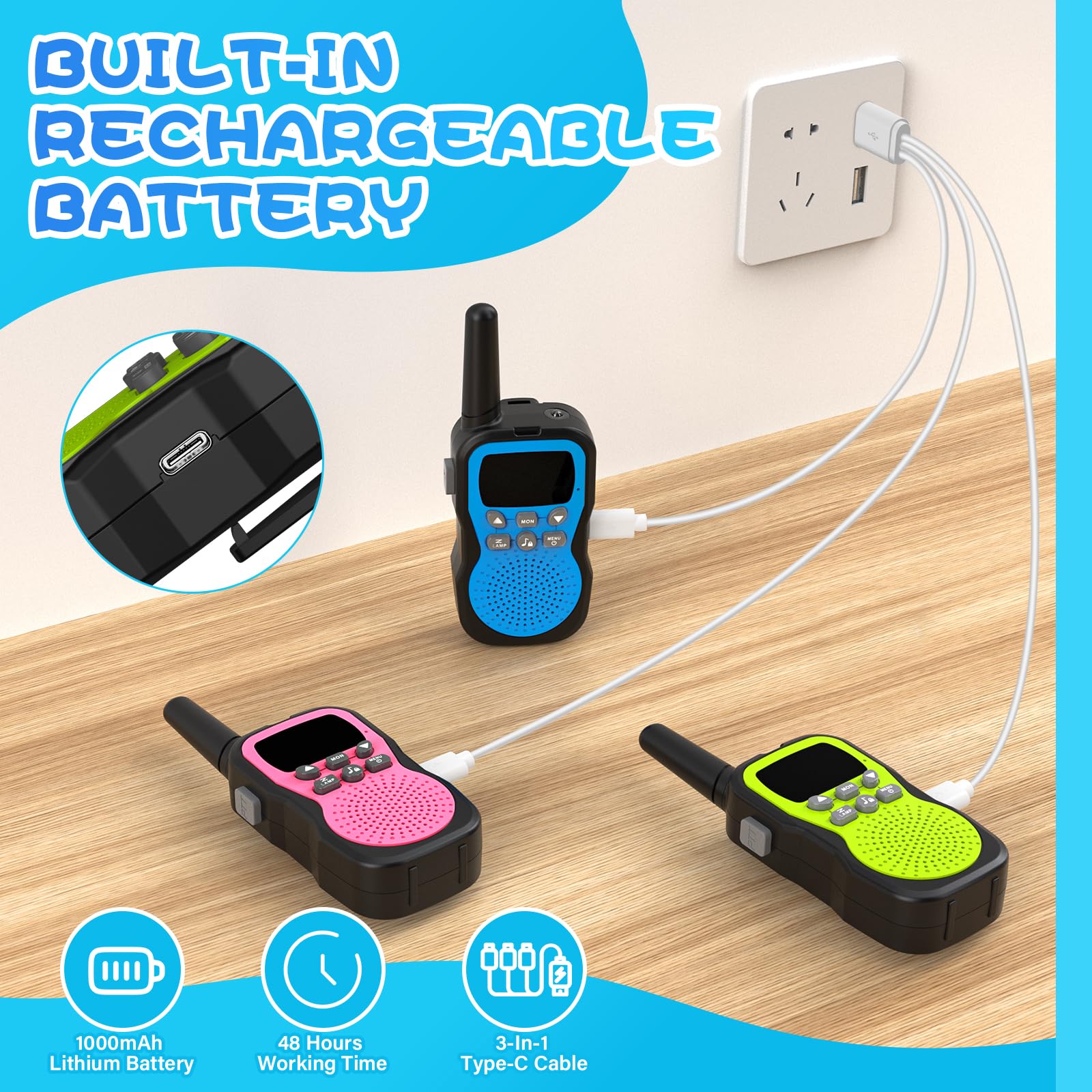 Walkie Talkie Bambini 3 Pezzi, Apkezel Walkie Talkie Bambini Ricaricabili con Batteria da 1000 mAh, Große Reichweite 3km Woki Toki Bambina con Torcia VOX per Esterni, Campeggio, Escursionismo