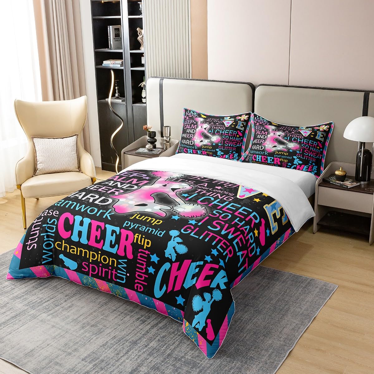 Loussiesd Mädchen Gymnastiks Tanzen Betten Set Cheerleading Bettwäsche Set 135x200cm 100% Baumwolle Cheerleader Bettbezug Set Gymnastik Sports Thema Bettdeckenbezug Bettbezug 2Stück