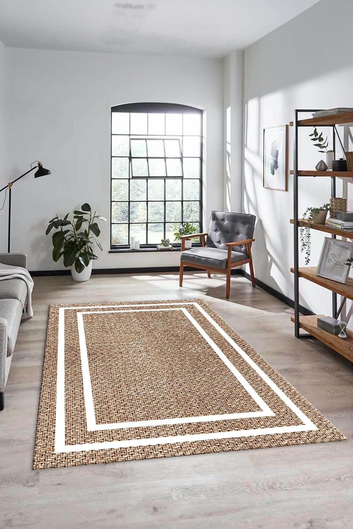 Evdeya Jüt-Hasır Desenli Dijital Baskı Kaymaz Taban Yıkanabilir Yolluk Koridor Salon Halısı JÜT-12, Kahverengi, 100 x 250