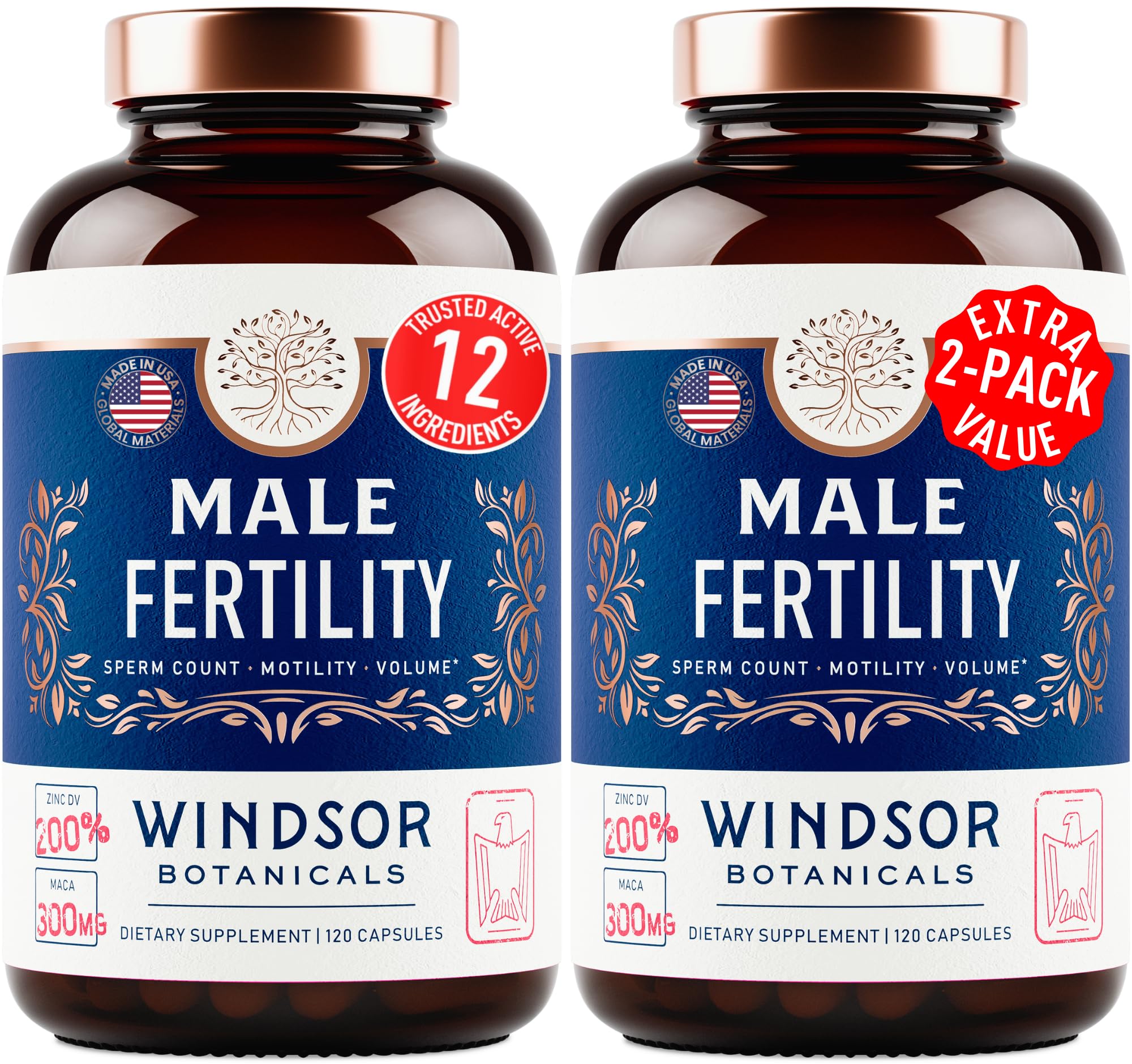 WINDSOR BOTANICALS Fertility Supplements for Men Prenatal Vitamins - Conception for Him Male Fertility Support Supplement - Zinc, Maca, Ashwagandha, L Arginine - 2-Pack, 240 Pills