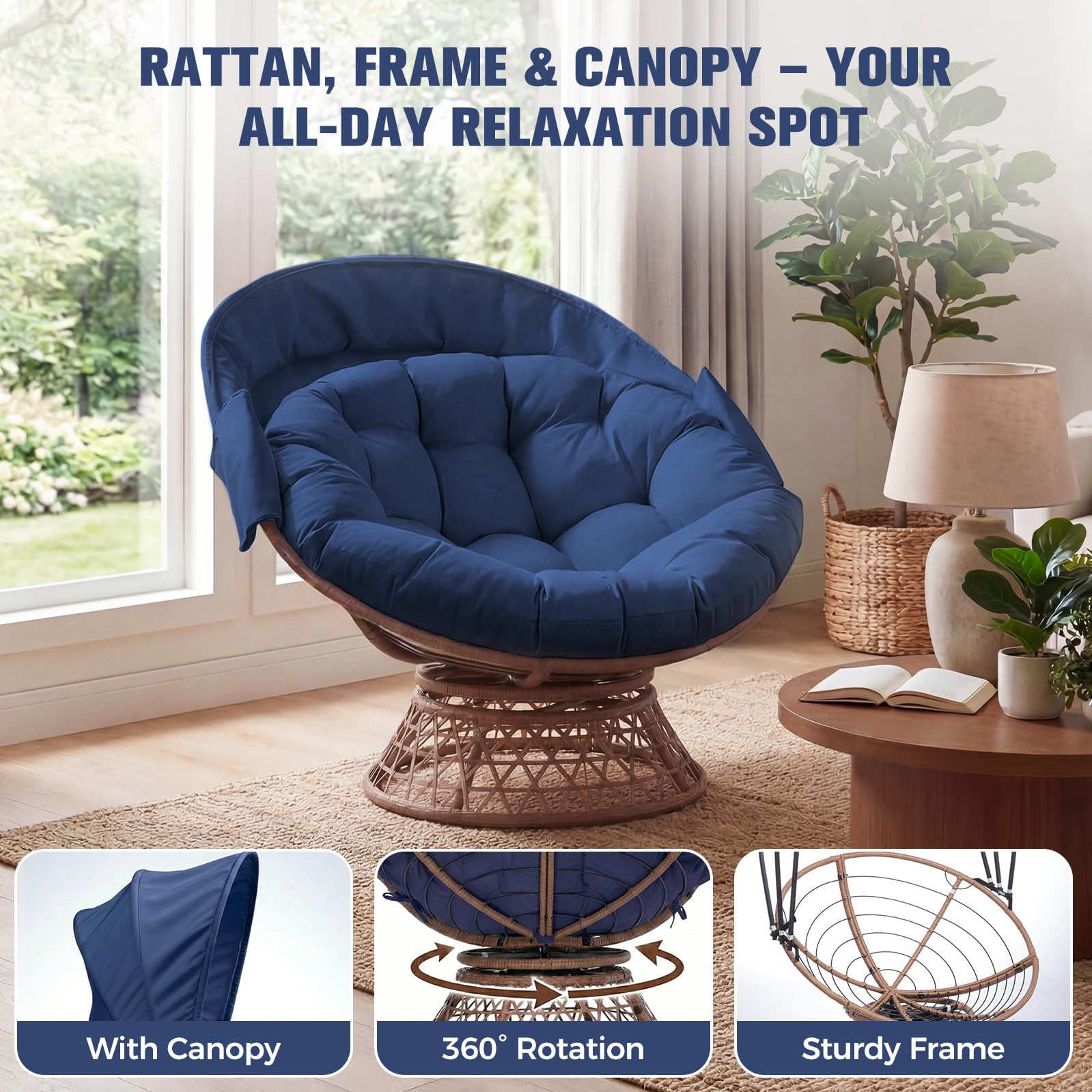 COMHOMA Poltrona da papasan, comoda poltrona girevole con cuscino rotondo, comoda poltrona in rattan, girevole, in vimini, per soggiorno, angolo lettura, lounge – blu