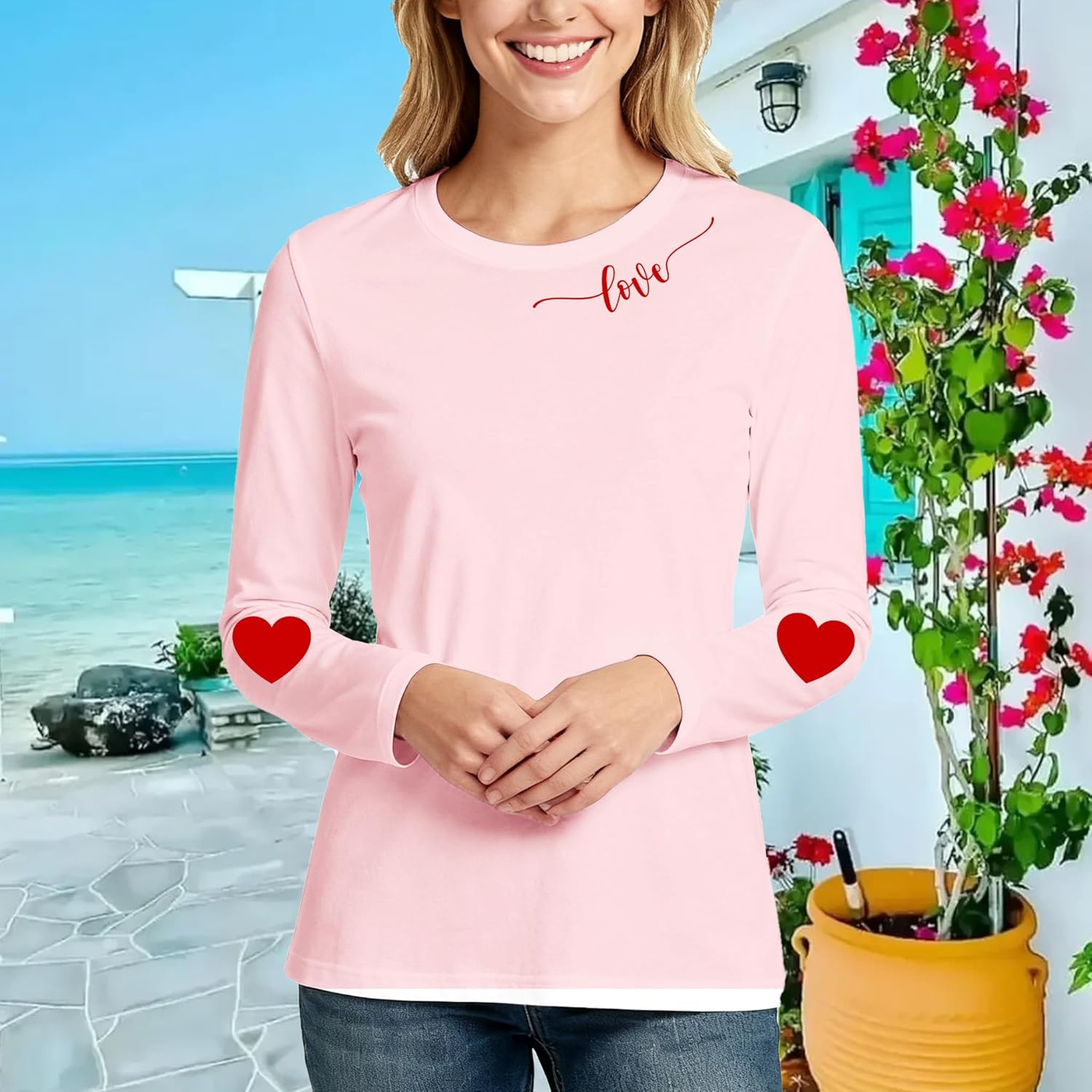 Women's Valentine's Day Shirt Valentine Love Heart Long Sleeve T-Shirt Lover Girlfriend Tops - Image 3