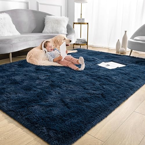 Miniatura 3 de Alfombra de área azul marino para habitación de niños, 8 x 10 pies, color azul oscuro, alfombras esponjosas para sala de estar, dormitorio,