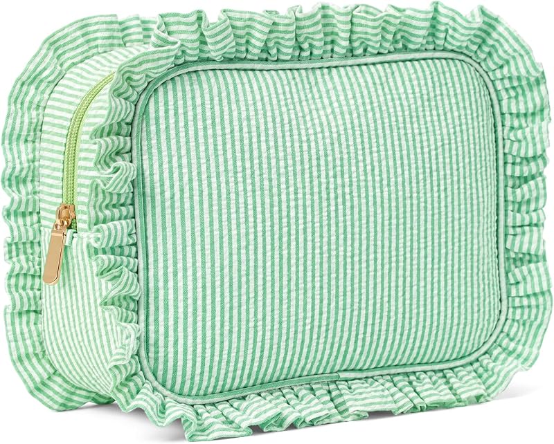 Necessaire de maquiagem Sanwuta em tecido seersucker com babados e listras, verde